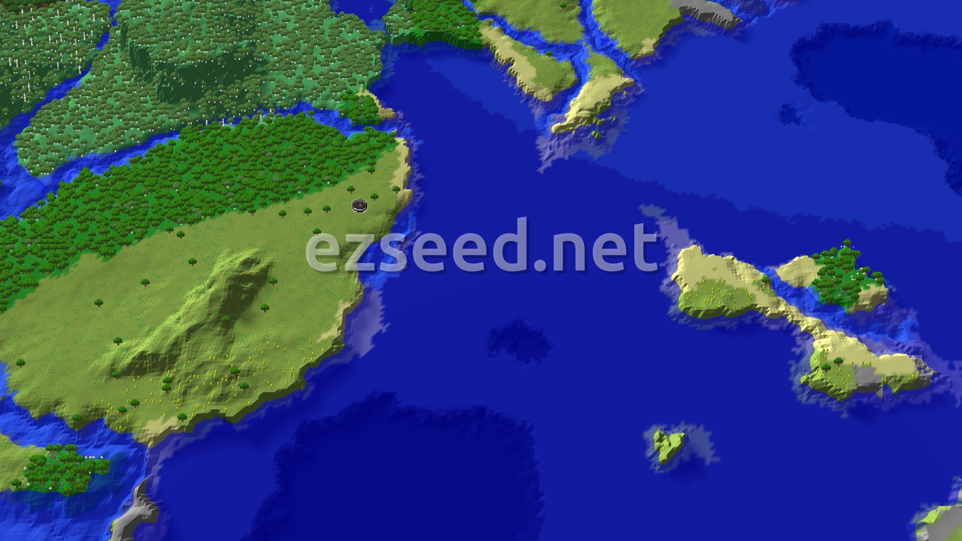 Aerial Minecraft seed map — Island Hopping Near Spawn, Zombie Village Southeast