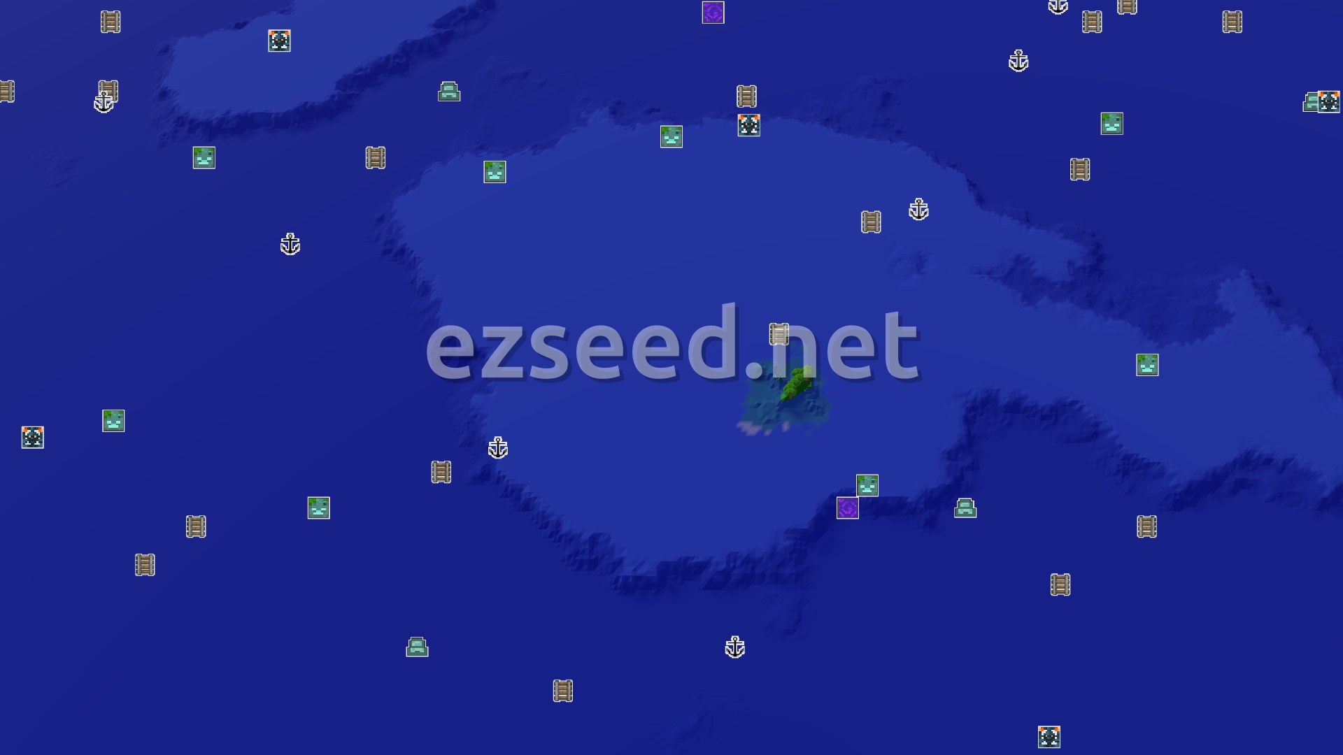 Aerial Minecraft seed map — A Shoreline Start with Nearby Structures and Peaks