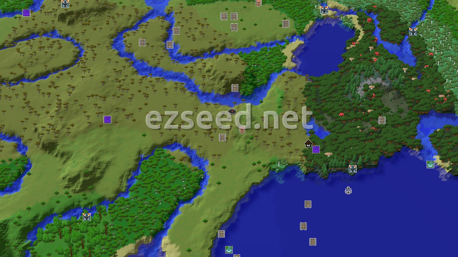 Aerial Minecraft seed map — Savanna Start with a Village Nearby