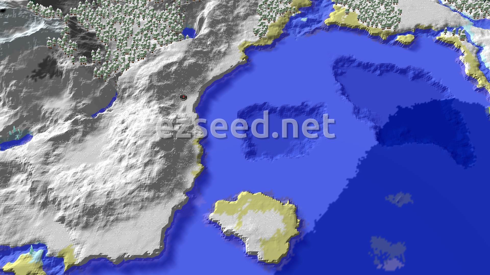 Aerial Minecraft seed map — Frozen Peaks and Mineshaft Start