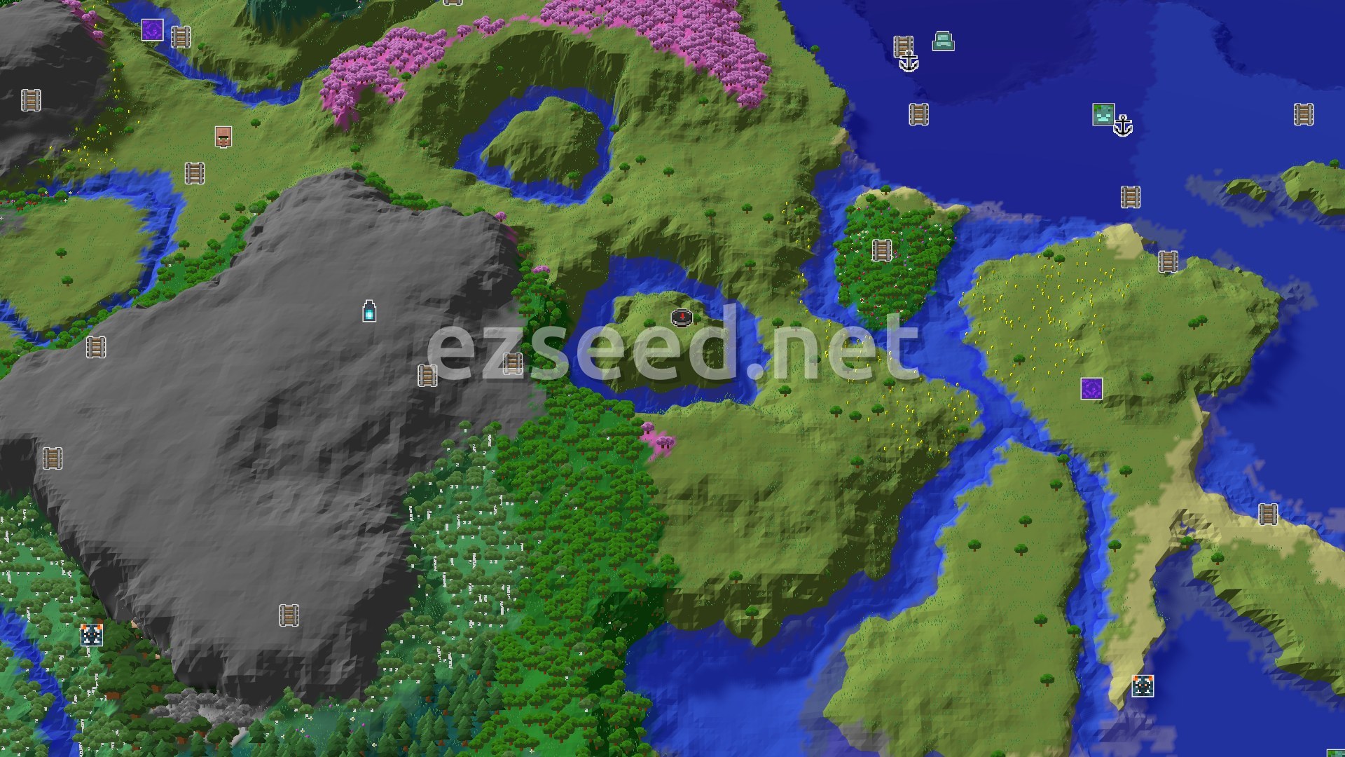 Aerial Minecraft seed map — Ancient City and Cherry Grove Near a Quiet Spawn