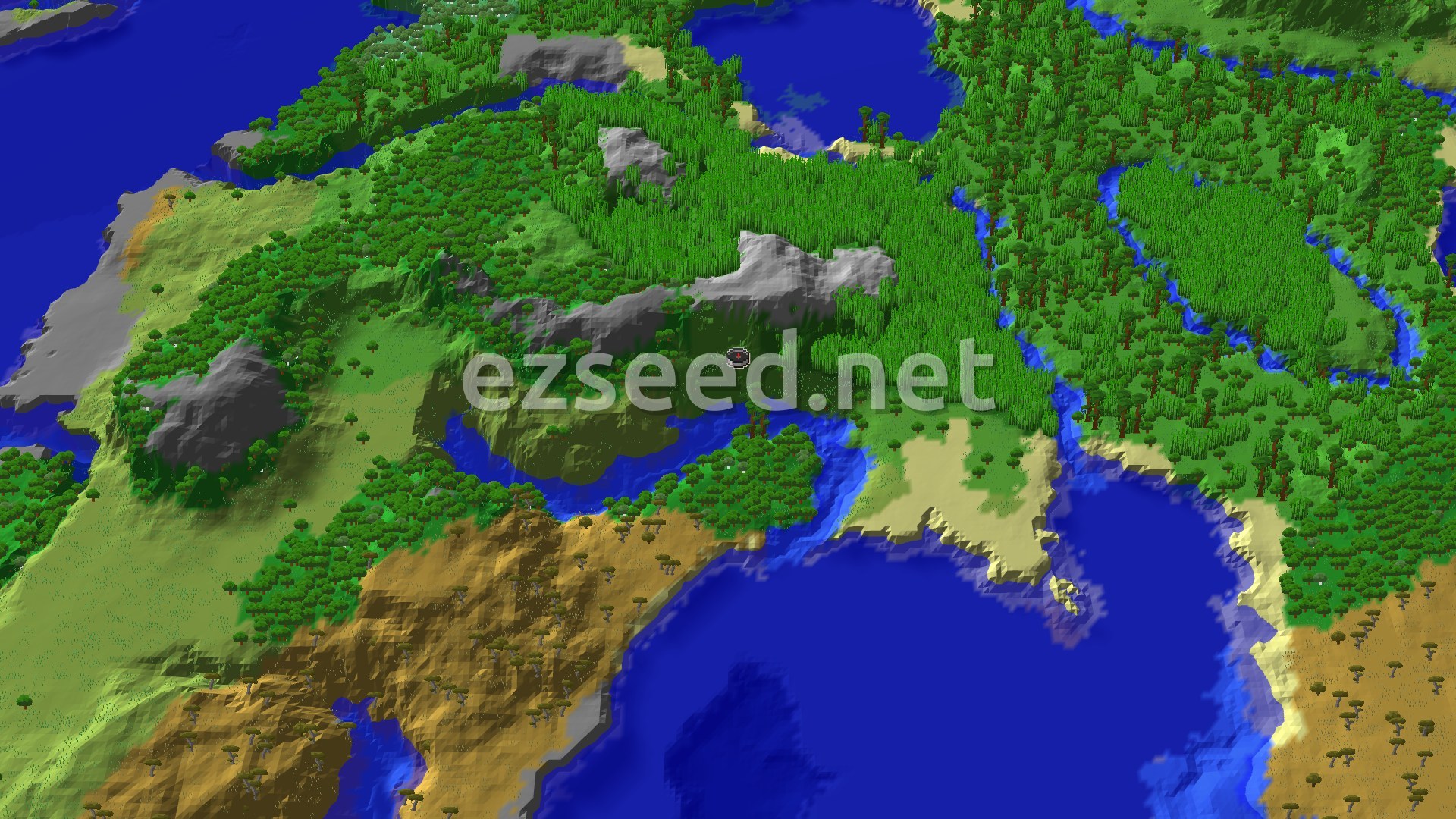 Aerial Minecraft seed map — Spawn in a Sparse Jungle near Savanna and Oceans
