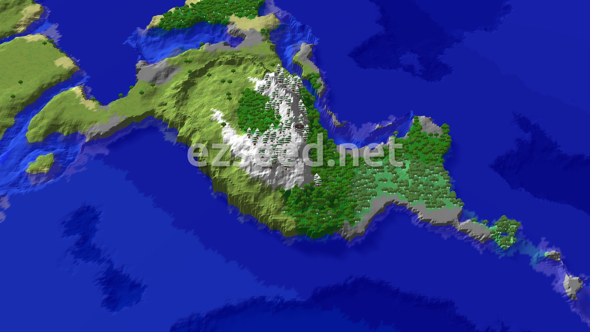 Aerial Minecraft seed map — Spawn in Jagged Peaks with Nearby Ruined Portal