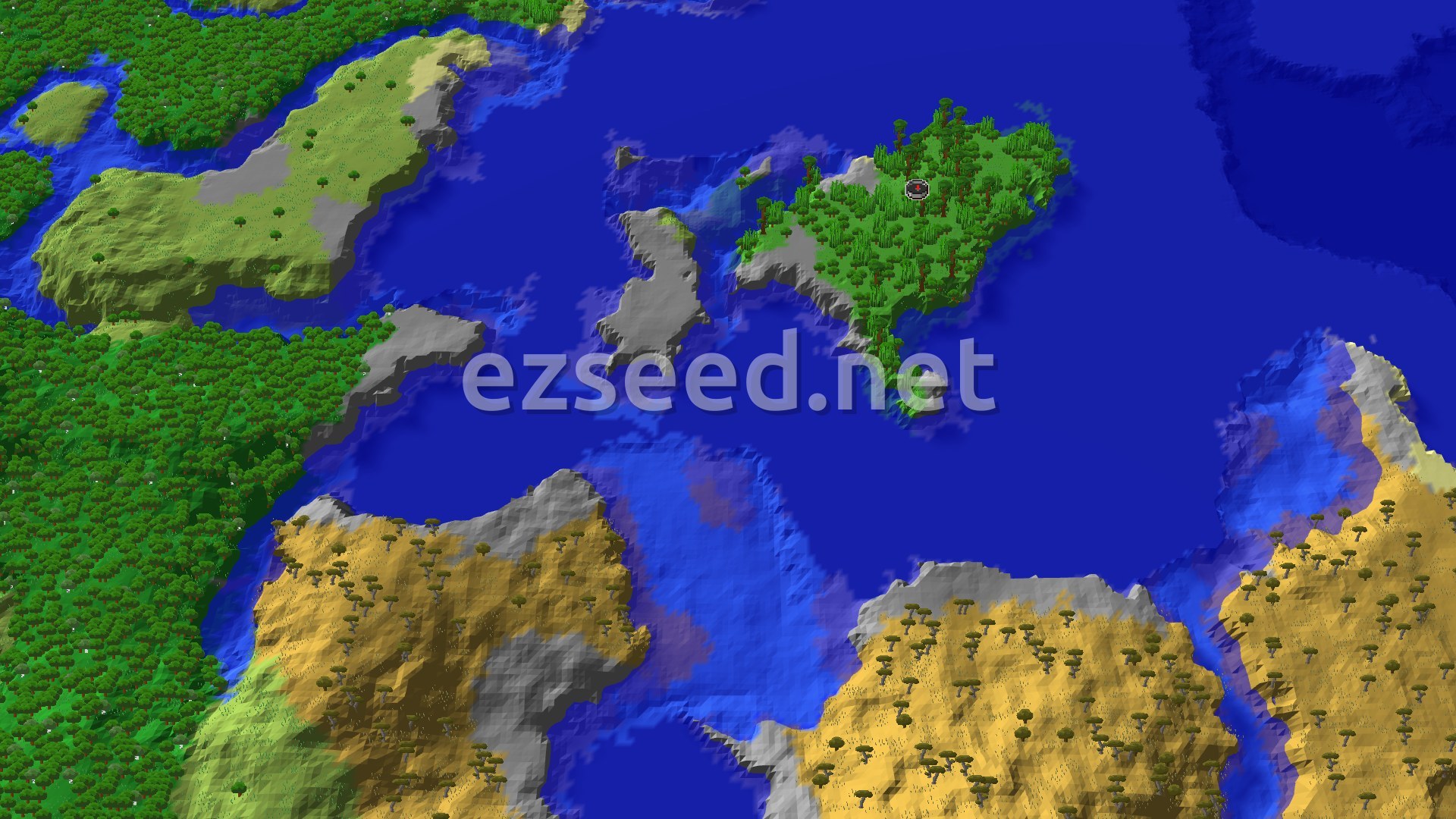Aerial Minecraft seed map — Island Jungle Spawn with Nearby Mineshaft and Temple