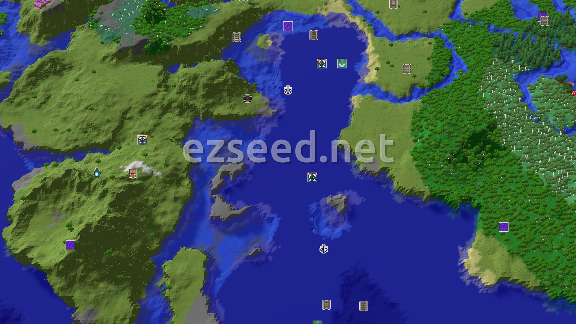Aerial Minecraft seed map — A Quiet Start with Nearby Underground Treasures