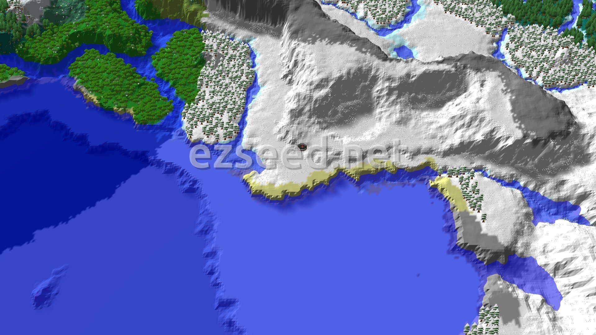 Aerial Minecraft seed map — Spawn in Snowy Plains Near Frozen Peaks and Taiga