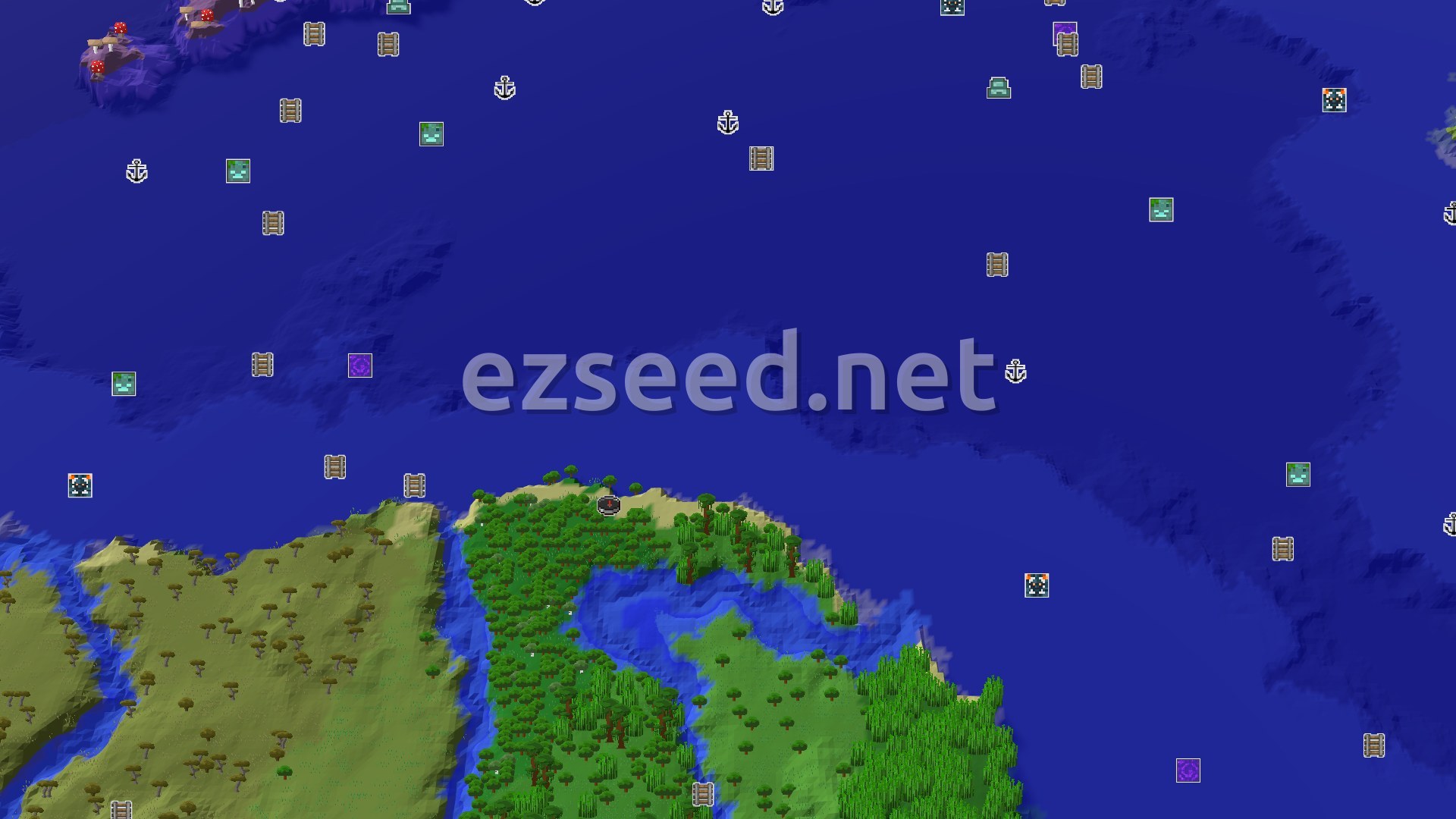 Aerial Minecraft seed map — Spawn in a Forest with a nearby Jungle and Ocean