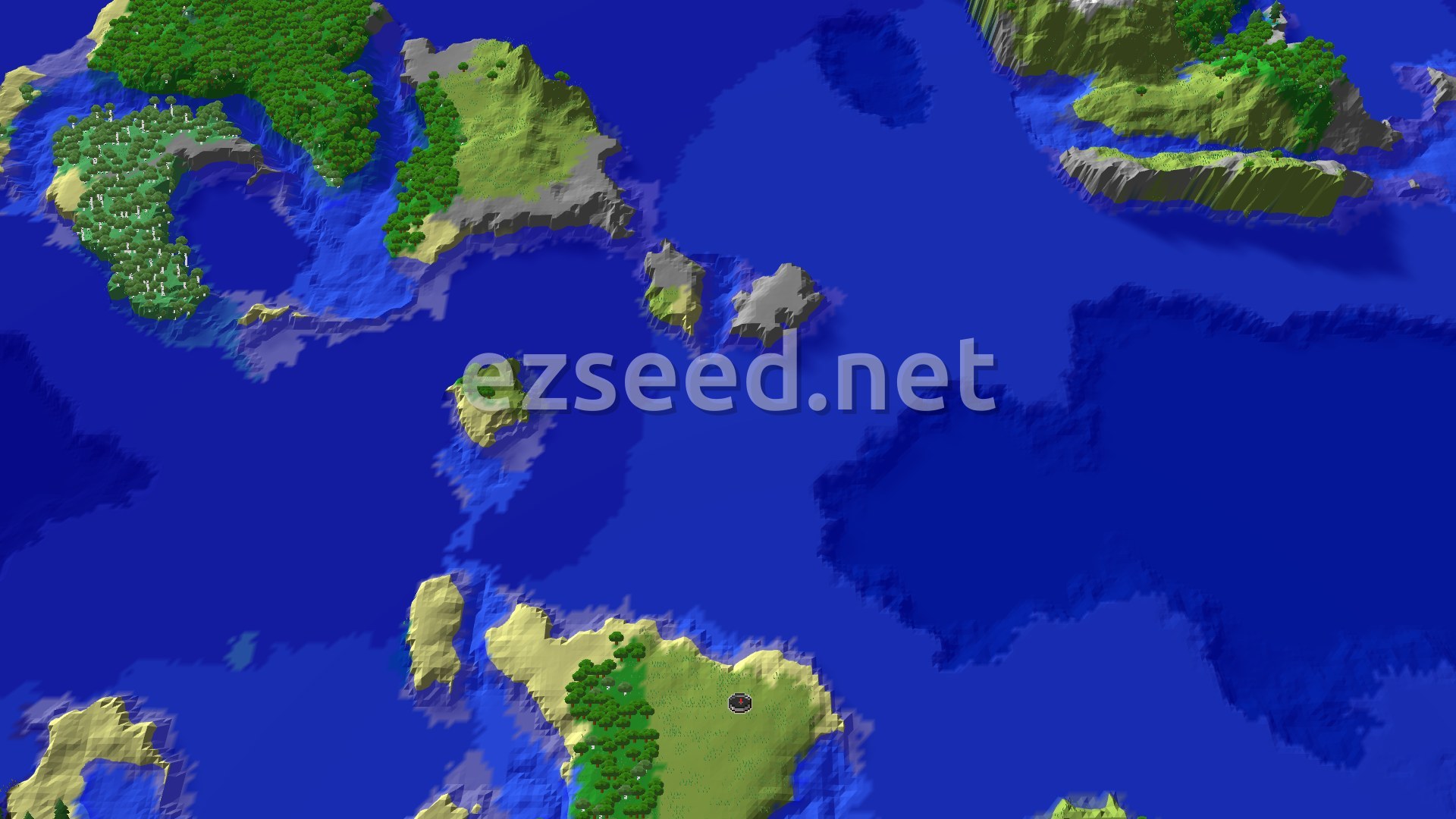 A bird's-eye view of a Minecraft world, showing a large expanse of deep blue ocean dotted with numerous green and grey islands of varying sizes. One larger island with a circular spawn marker is visible near the center-bottom.