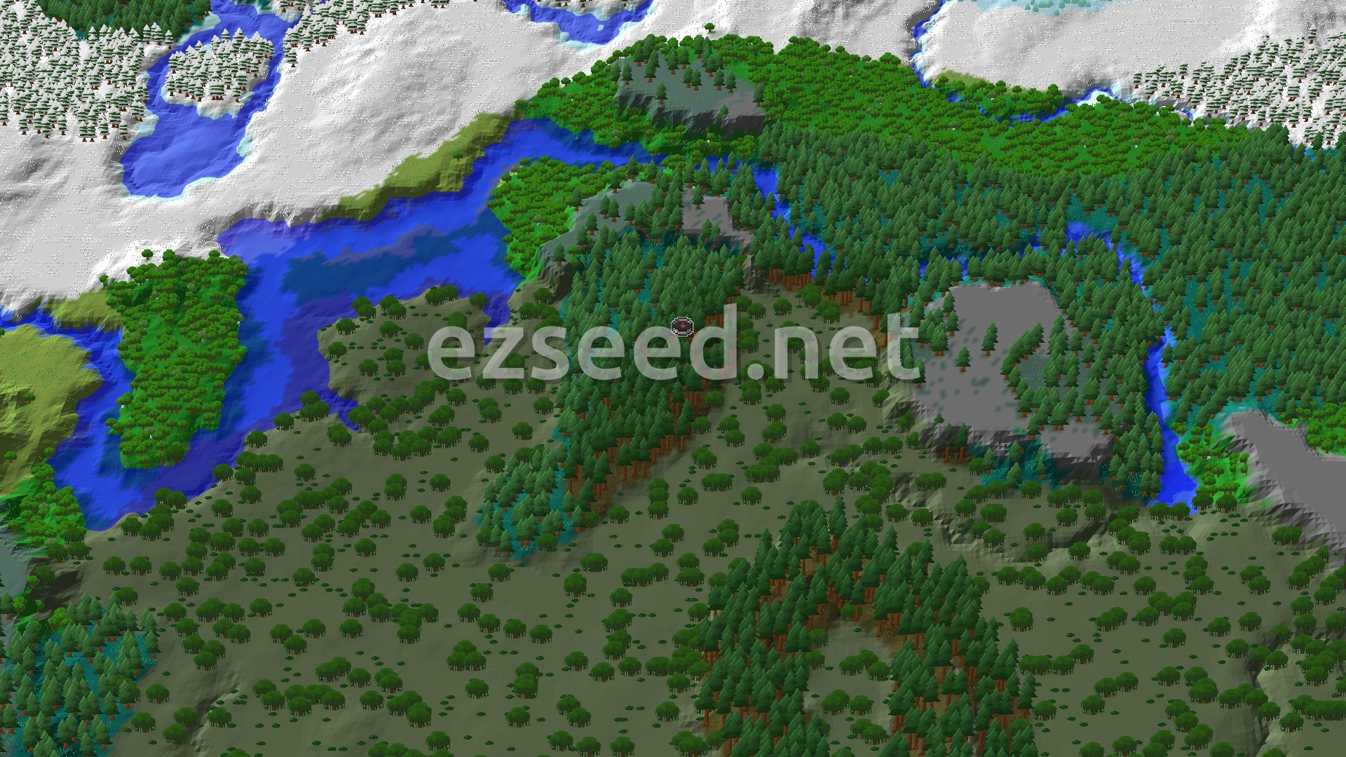 An aerial view of a varied landscape featuring a large river, snowy mountains, and dense forests with a spawn marker.