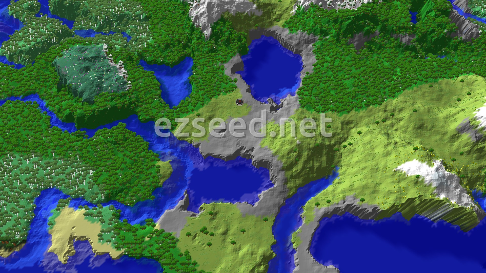 Aerial Minecraft seed map — Forests and Peaks Near Spawn, with a Nearby Village