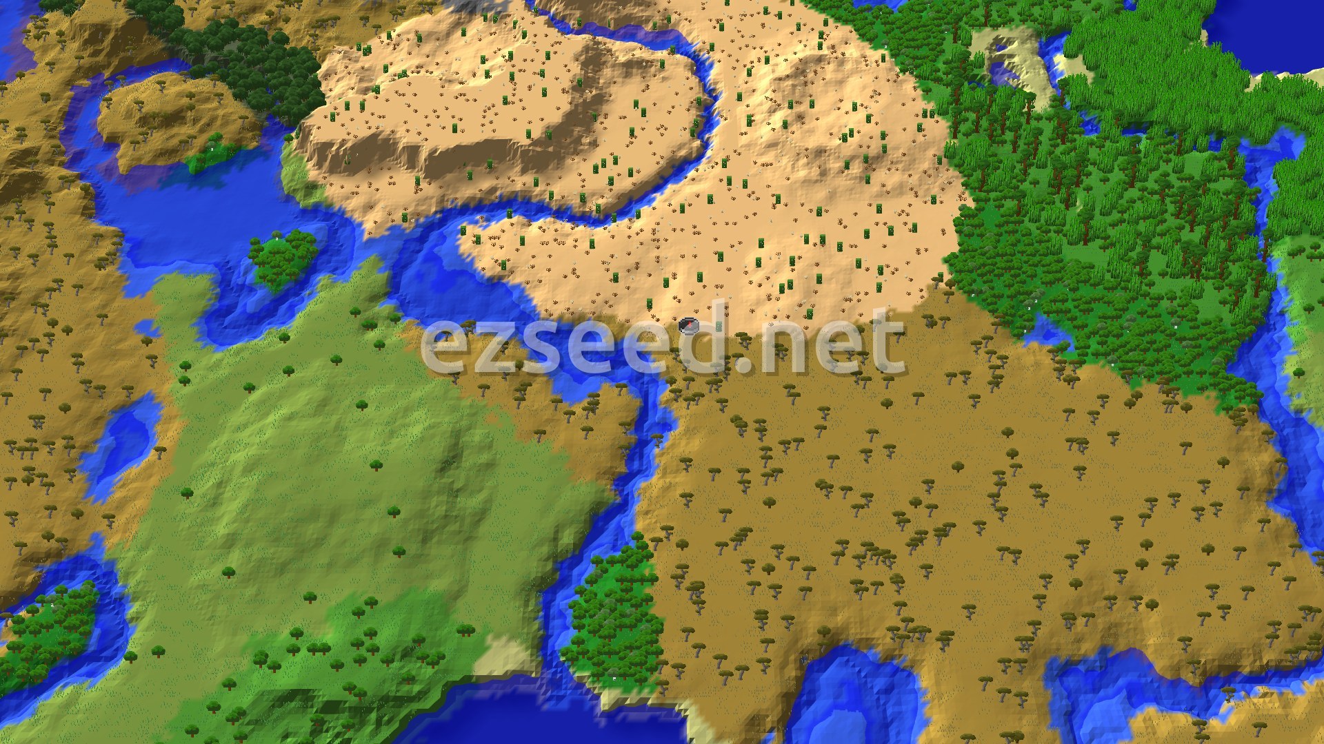 An aerial view of a Minecraft landscape showing a large savanna biome with scattered acacia trees, bordered by a desert biome with cacti and a dense forest. Rivers and oceans cut through the terrain.