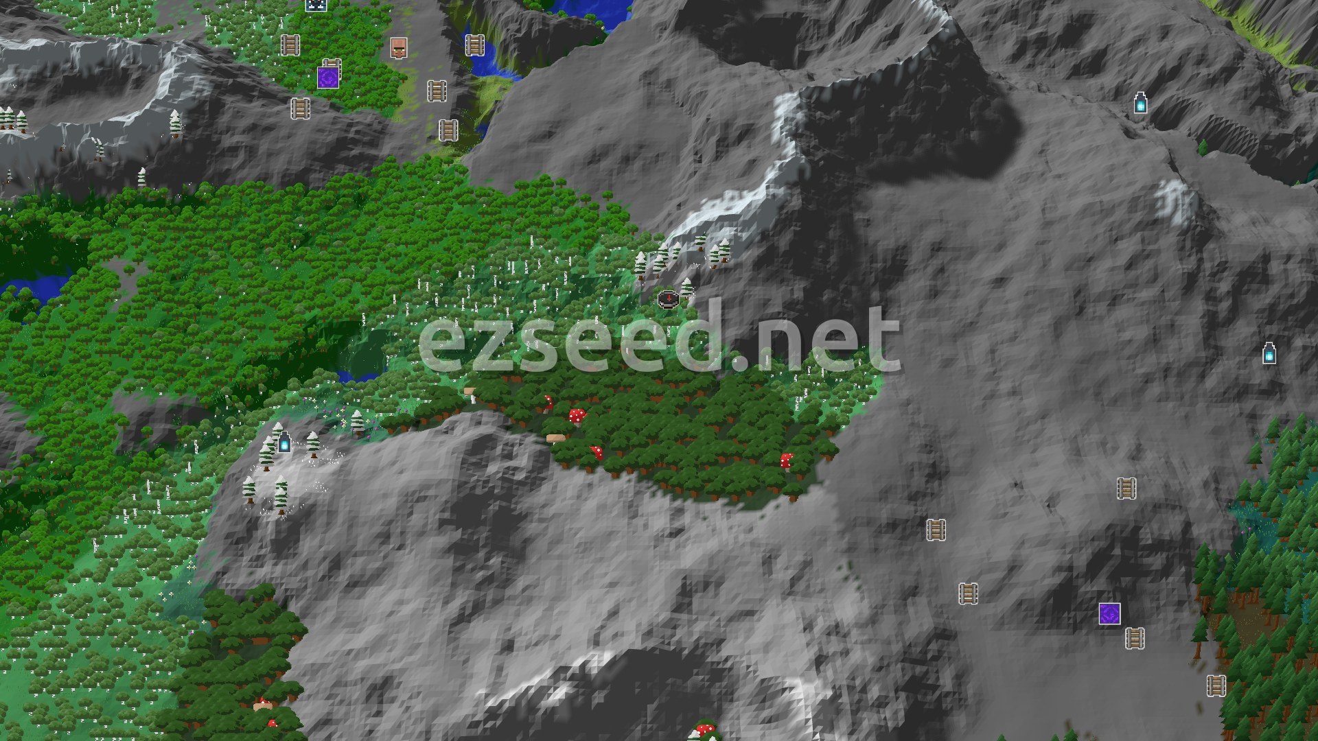 Aerial Minecraft seed map — Spawn in Birch Woods, Near Mountain Peaks