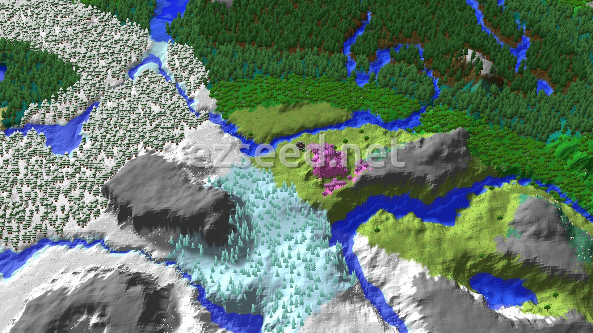 Aerial Minecraft seed map — Cherry Grove and Ice Spikes Near a Plains Spawn