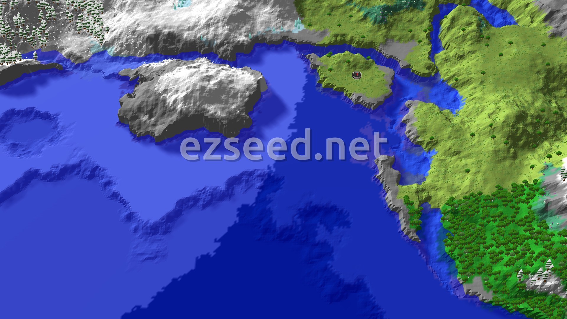 Aerial Minecraft seed map — A Cold Ocean Start with Nearby Ice Spikes and Village