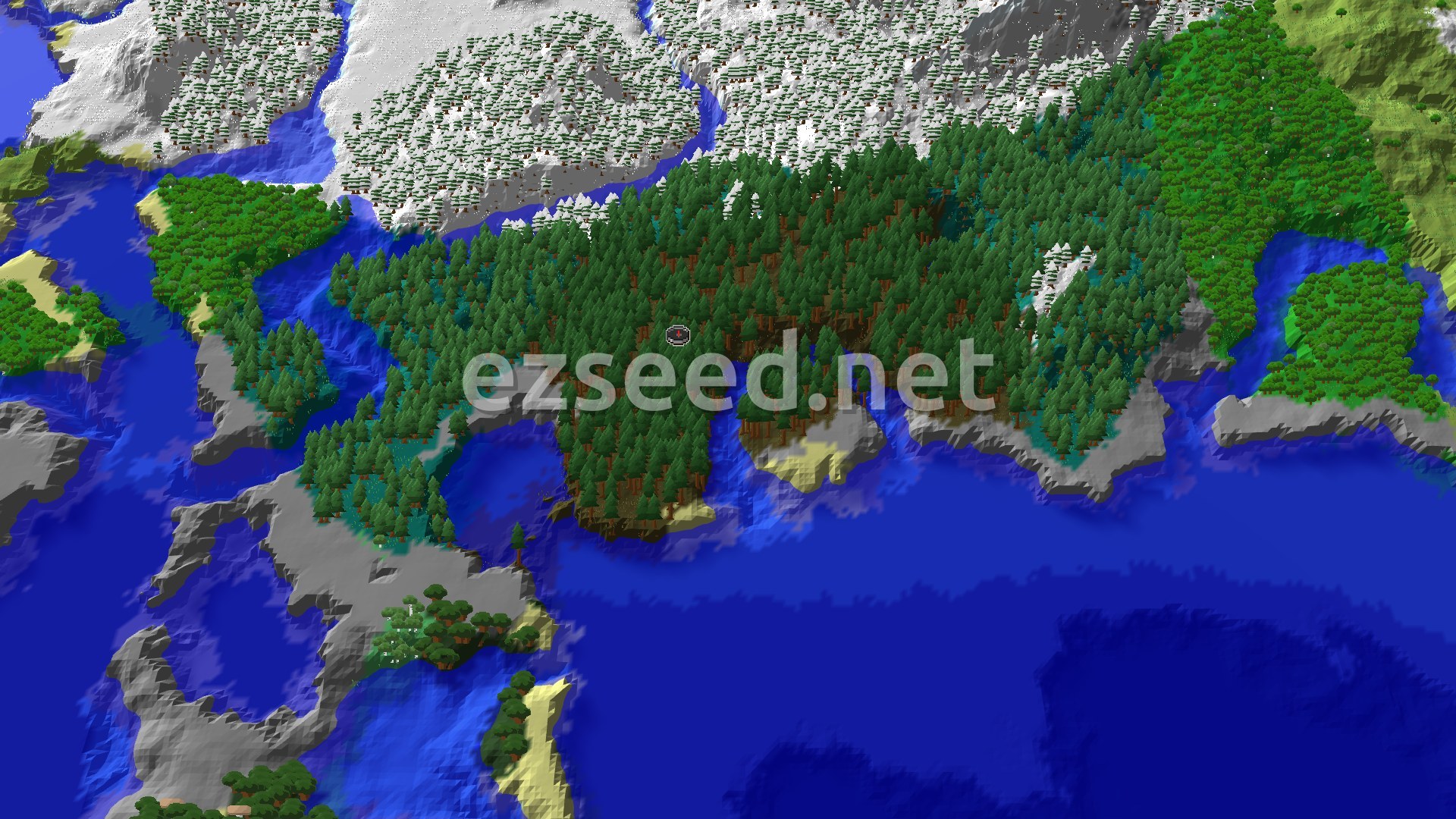 A 3D render of the world around spawn, showing a large dark green Old Growth Pine Taiga forest at the center, surrounded by water to the south and west, and snowy mountains and lighter green forest biomes to the north and east.