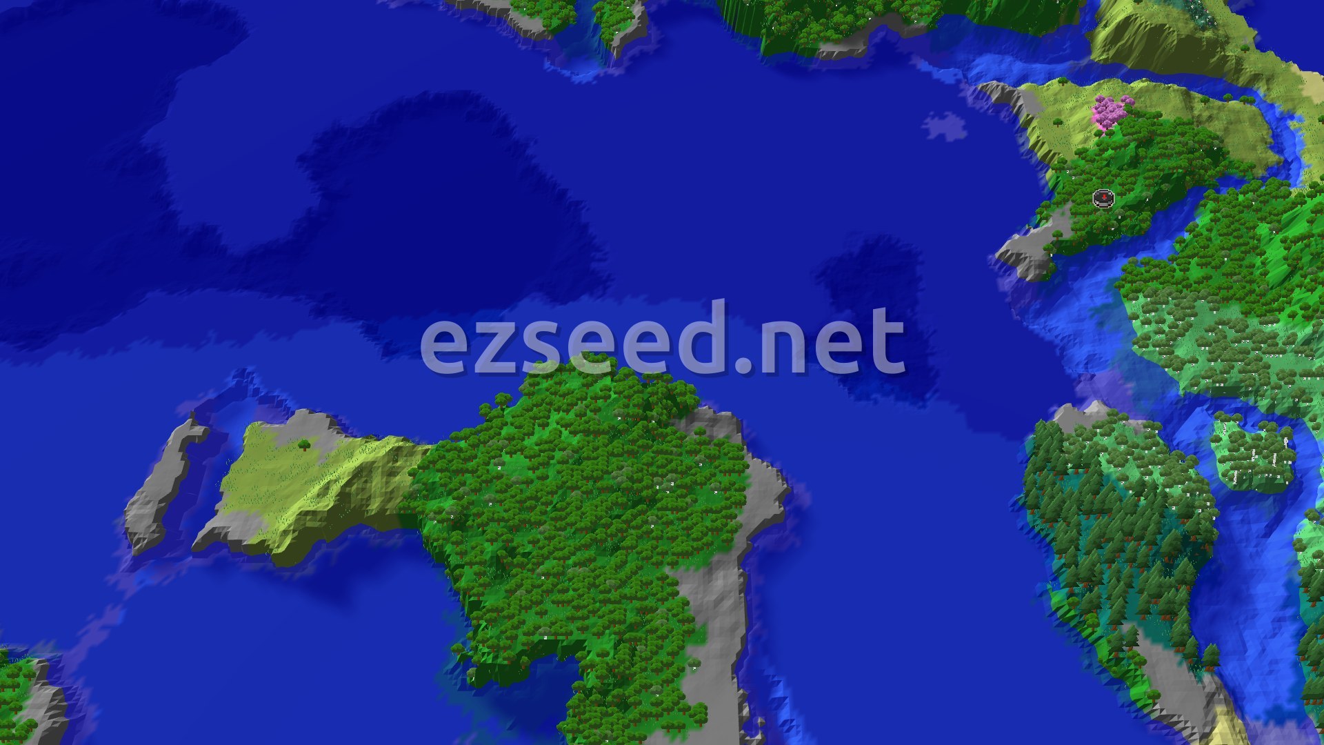Aerial Minecraft seed map — Ancient City and Cherry Grove Near a Coastal Forest Spawn