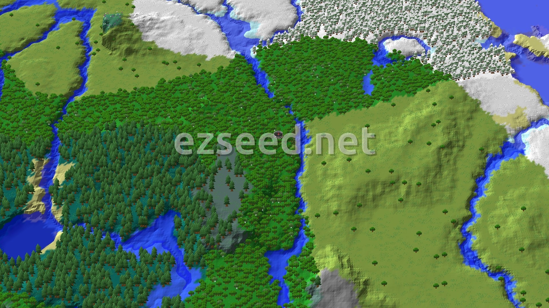 An aerial view of a dense forest surrounding a river, with plains and snow-capped terrain visible in the distance.