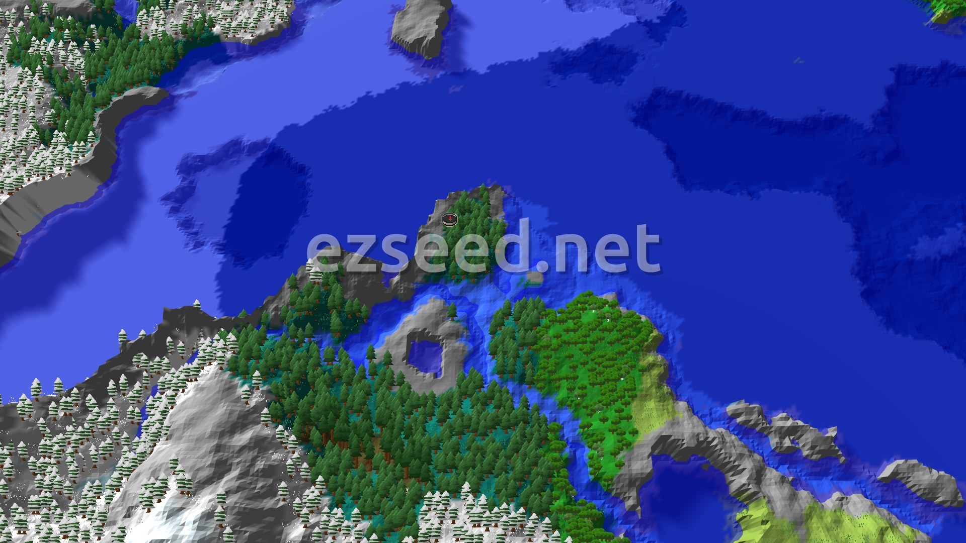 Aerial Minecraft seed map — Taiga Spawn with Close Ancient City and Cold Oceans