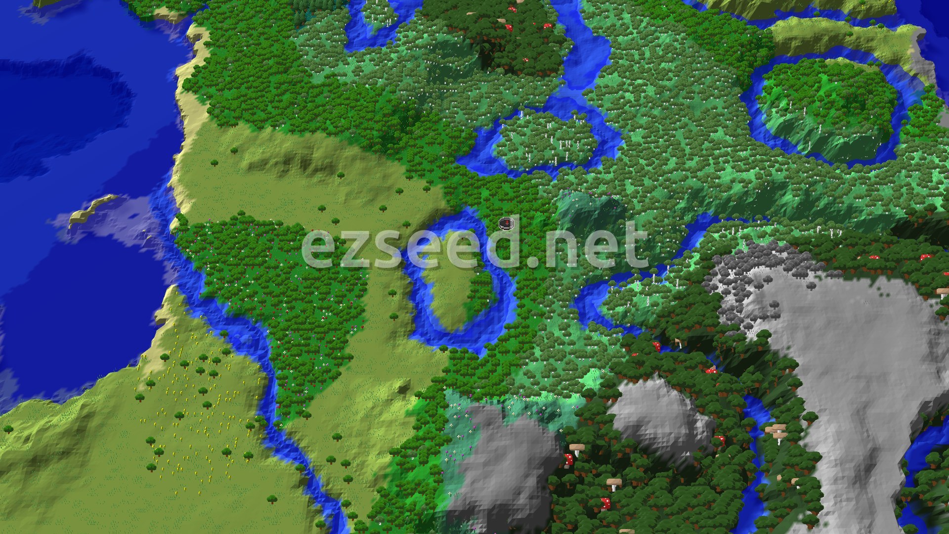 Aerial Minecraft seed map — Woodland Mansion and Trial Chambers Near Spawn