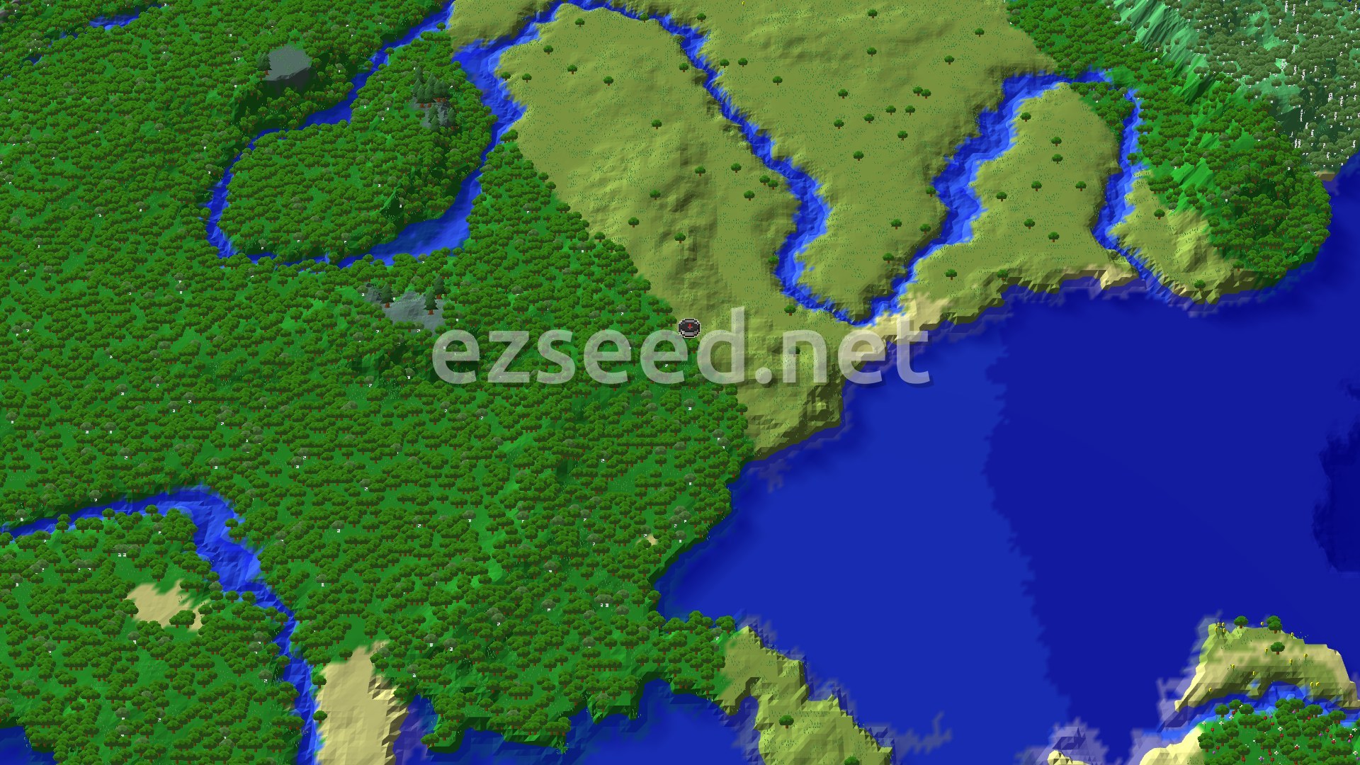 An aerial view of a dense forest biome with a river winding through it, leading to a large ocean. Hills rise in the distance, and the spawn marker sits near the forest edge.
