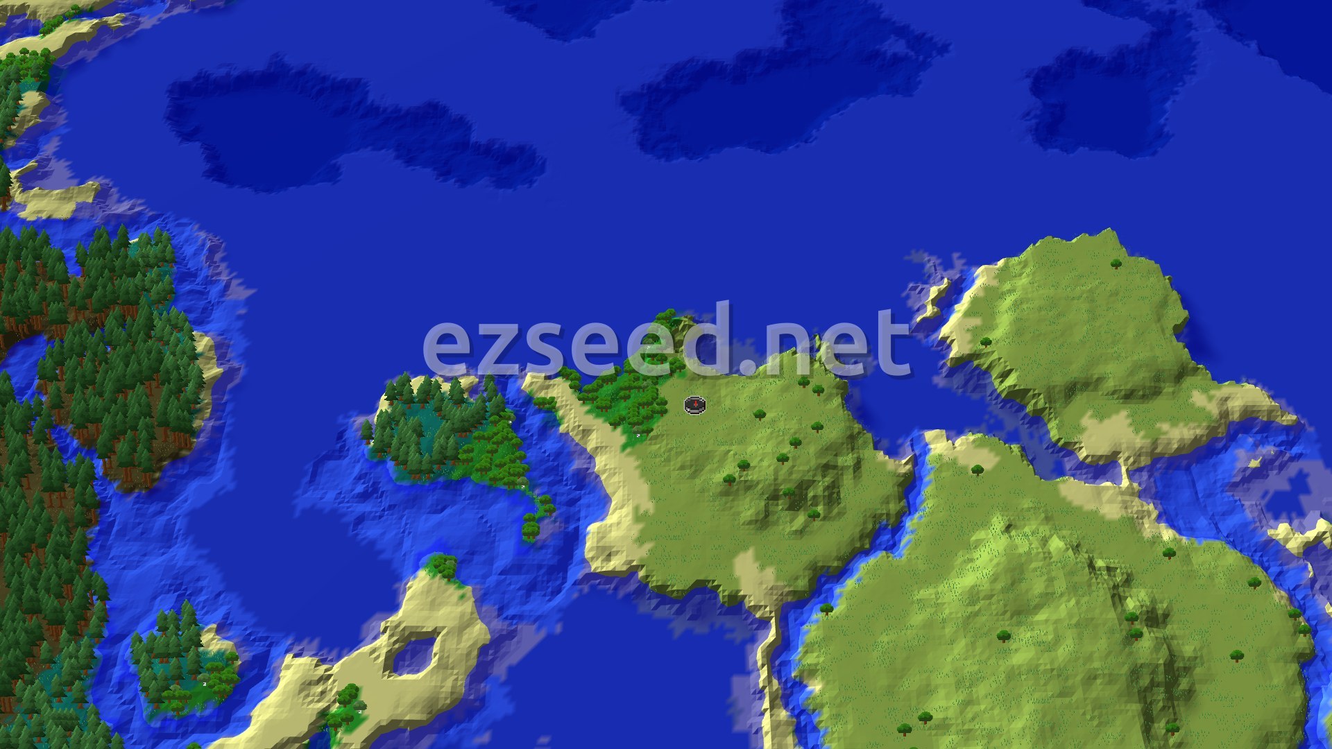 A 3D aerial view shows a primarily flat, green plains biome at the center, dotted with a few trees, bordered by a forest to the west and a large ocean to the north and east, with a sandy beach outlining the coast.