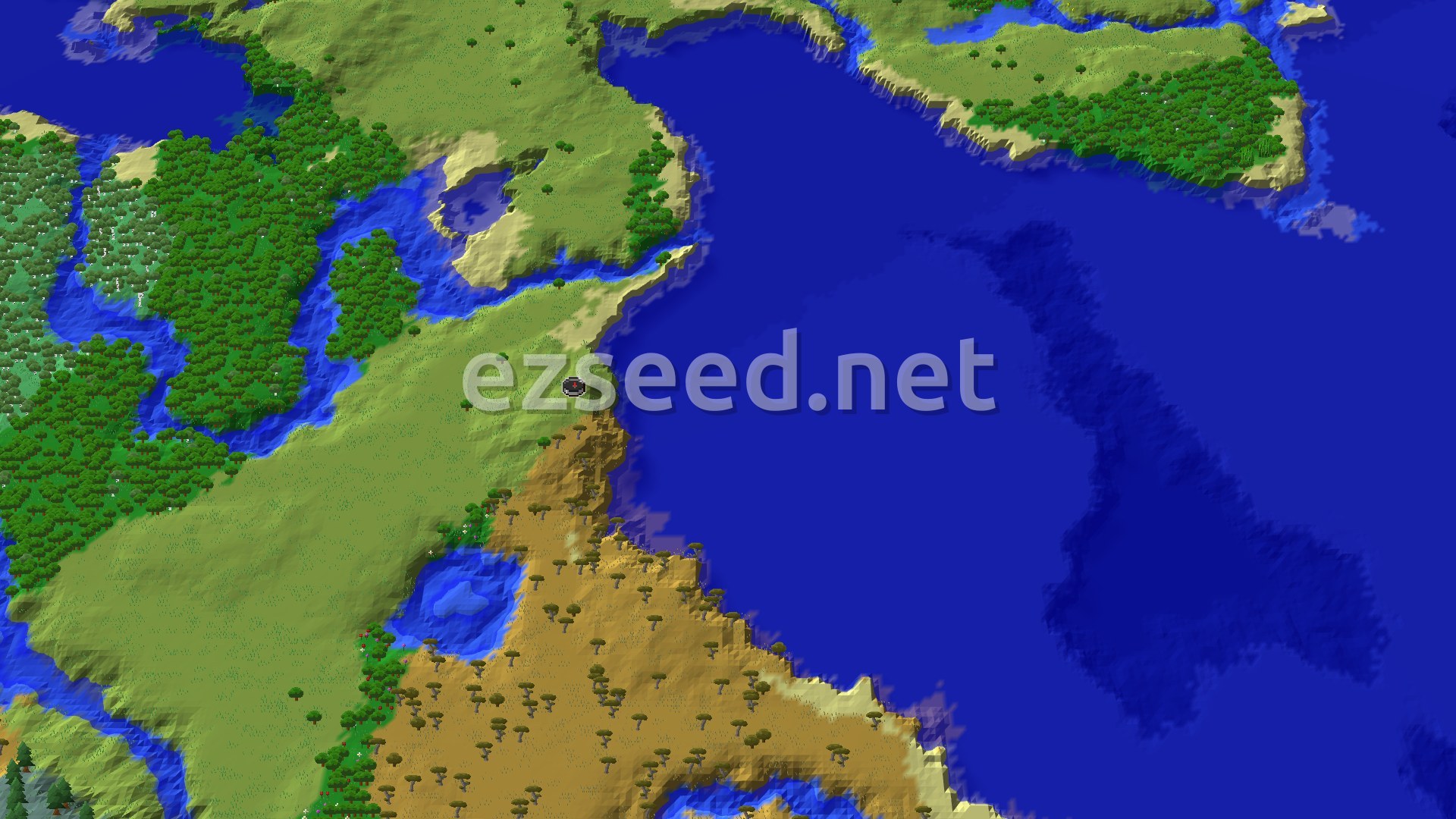 An aerial view shows a diverse landscape with green plains and forests, tan savannas, and deep blue oceans, with a small spawn marker at the center.