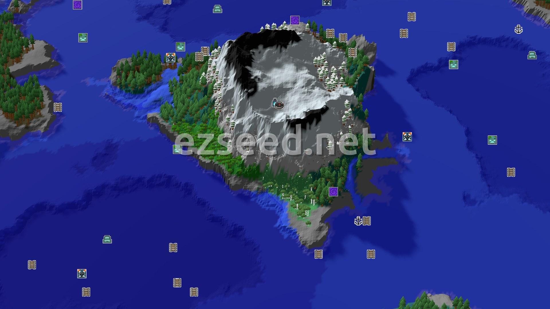 Aerial Minecraft seed map — Frozen Peaks Spawn with a Close Ancient City