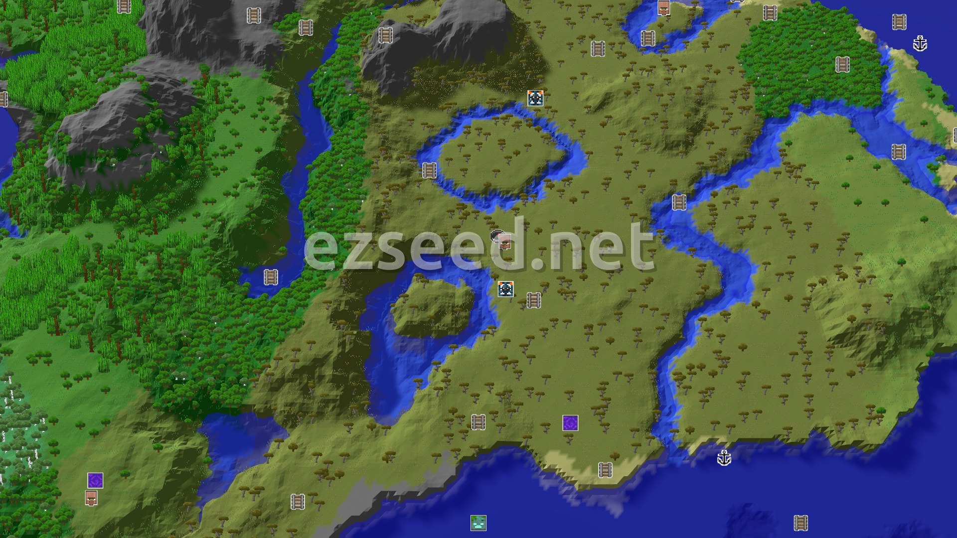 Aerial Minecraft seed map — Savanna Start with a Village Just Steps Away
