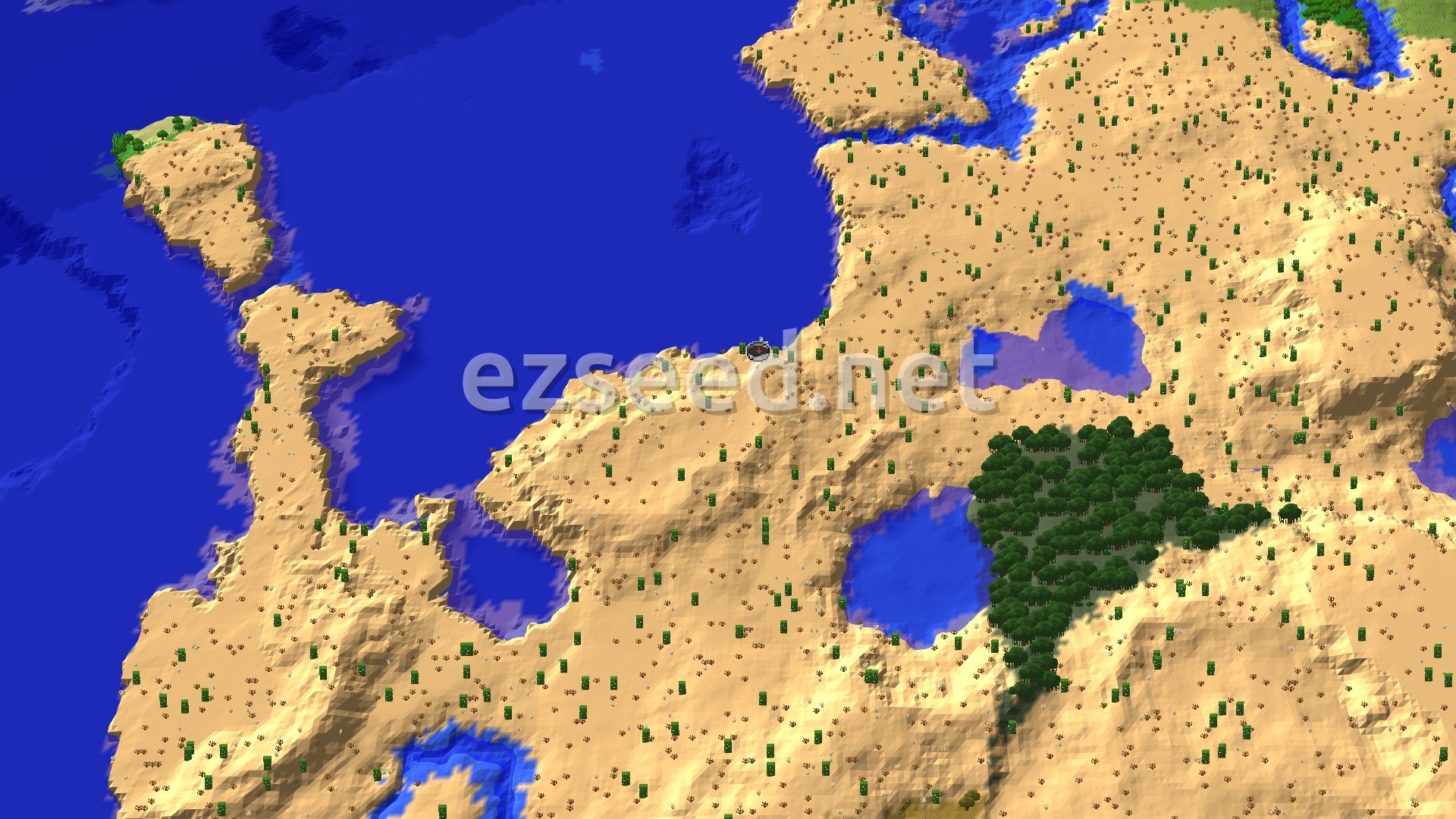 Aerial Minecraft seed map — Desert Spawn with Nearby Mangrove Swamp and Trial Chambers
