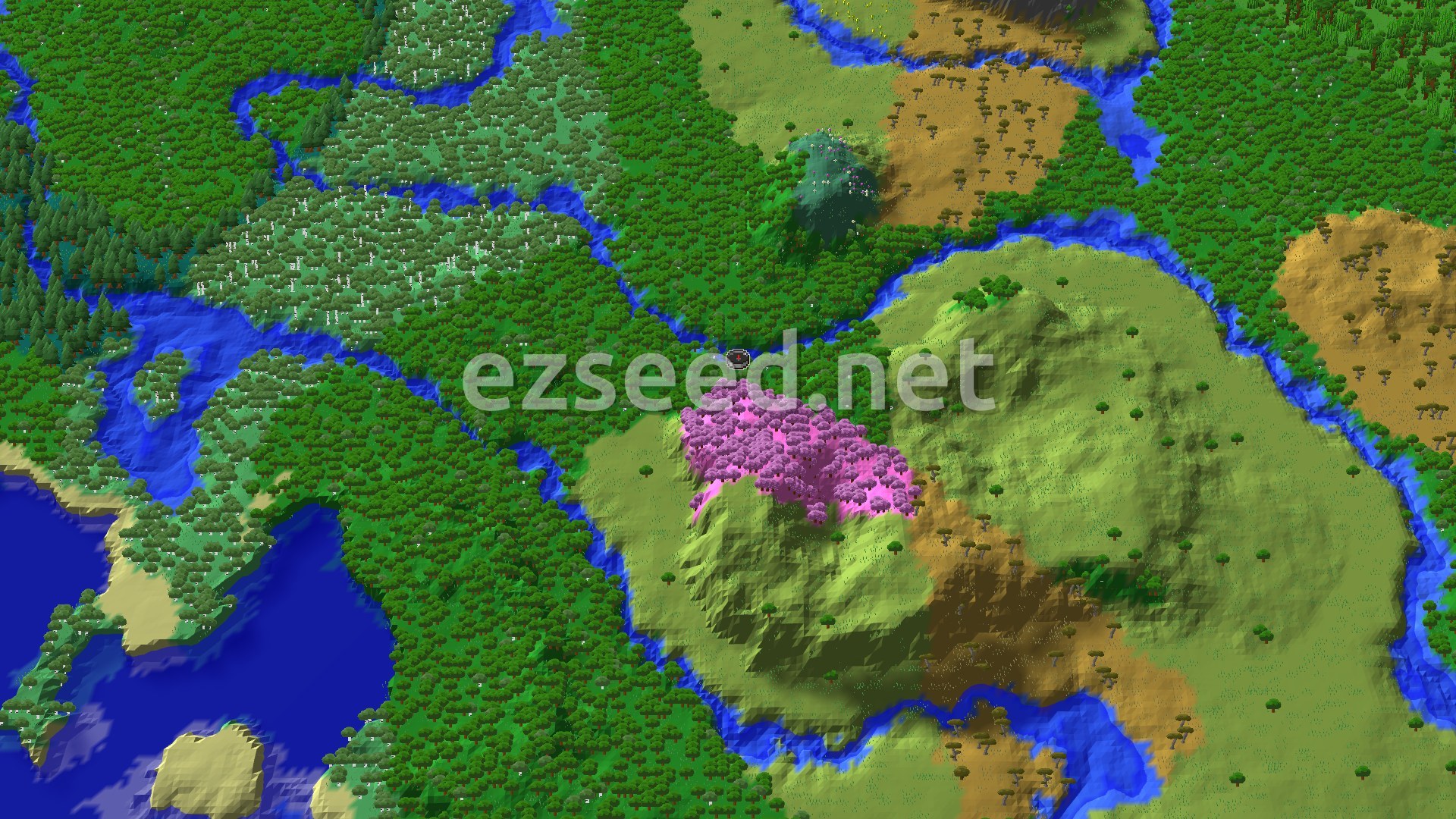 Aerial Minecraft seed map — Cherry Grove Mountainside Near Spawn