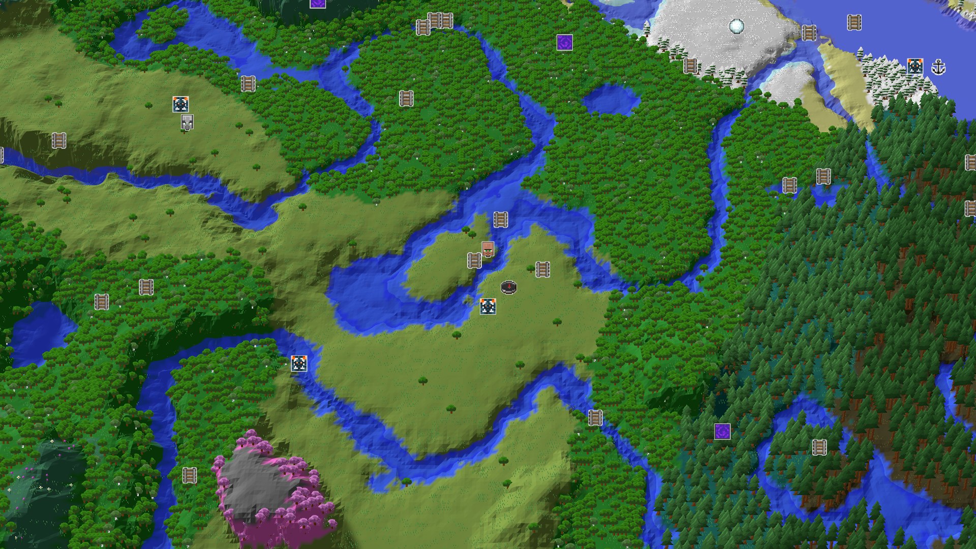 An aerial view of a plains biome with scattered trees and winding rivers, bordered by dense forests and a snowy region to the northeast. A small marker indicates the spawn point.