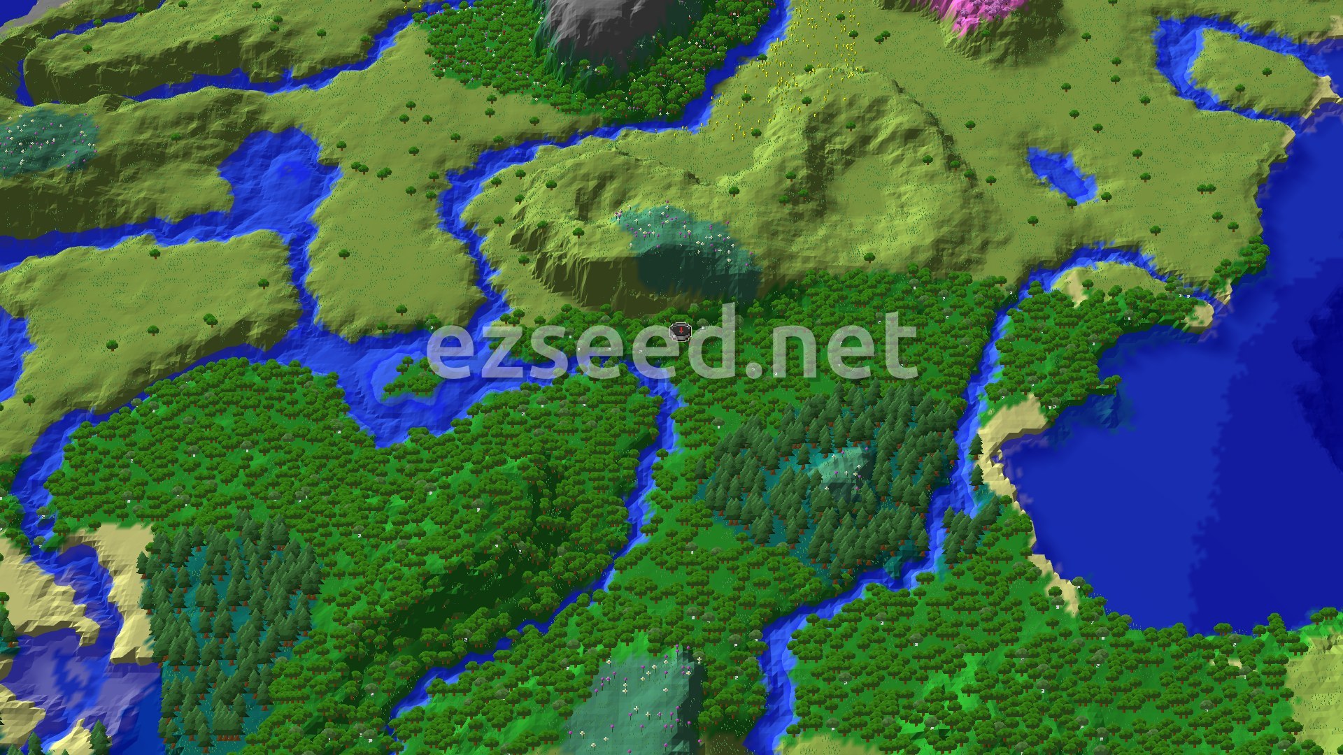 Aerial Minecraft seed map — Forest Spawn with Stronghold and Trial Chambers
