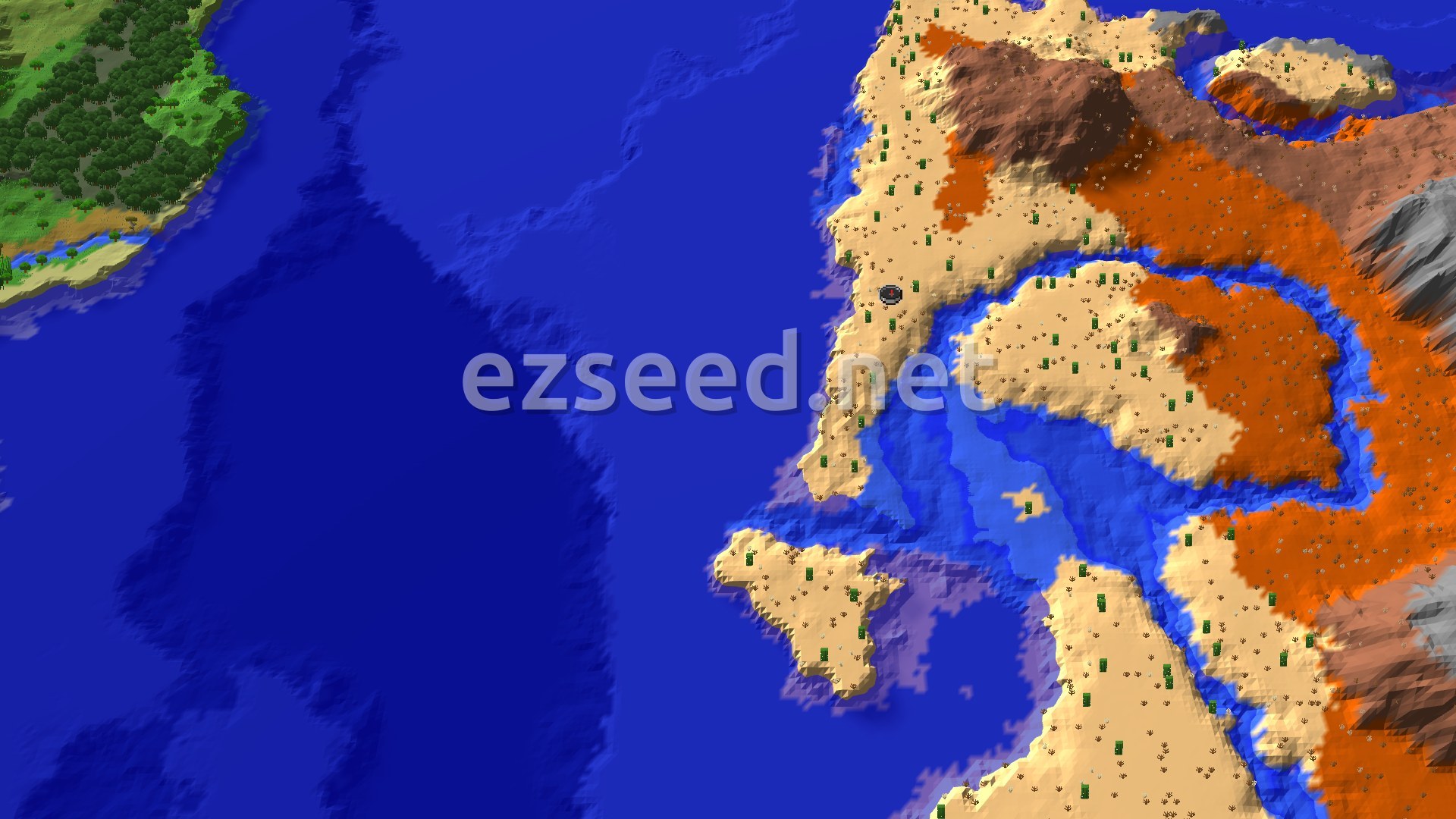 Aerial Minecraft seed map — Ocean, Desert, and Badlands Near a Coastal Spawn