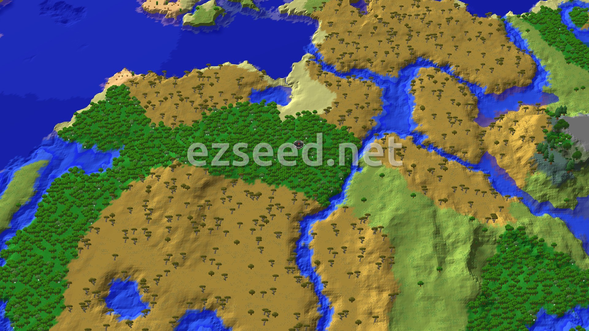 An aerial view of a verdant forest biome surrounding a spawn marker, bordered by a large savanna, a river, and a wide ocean.