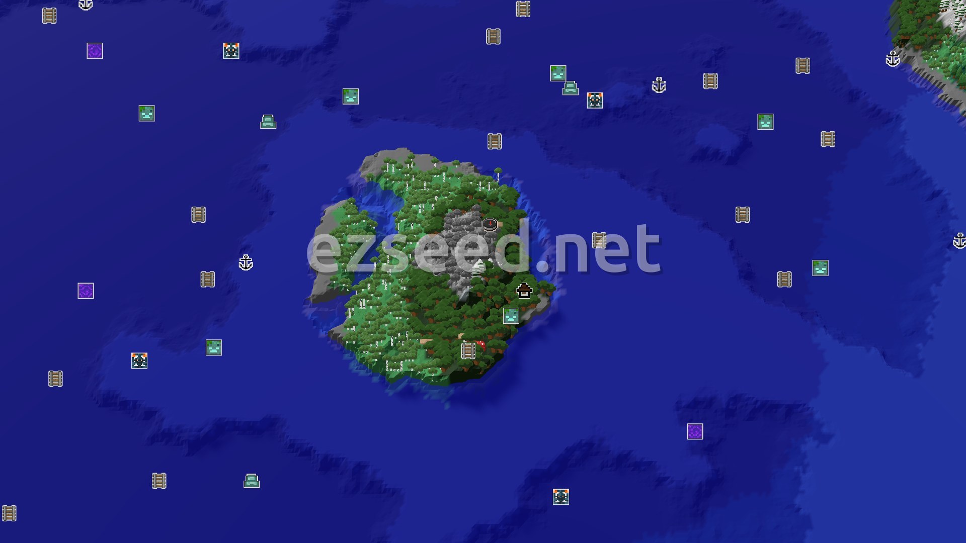 Aerial Minecraft seed map — Island Spawn with a Nearby Woodland Mansion