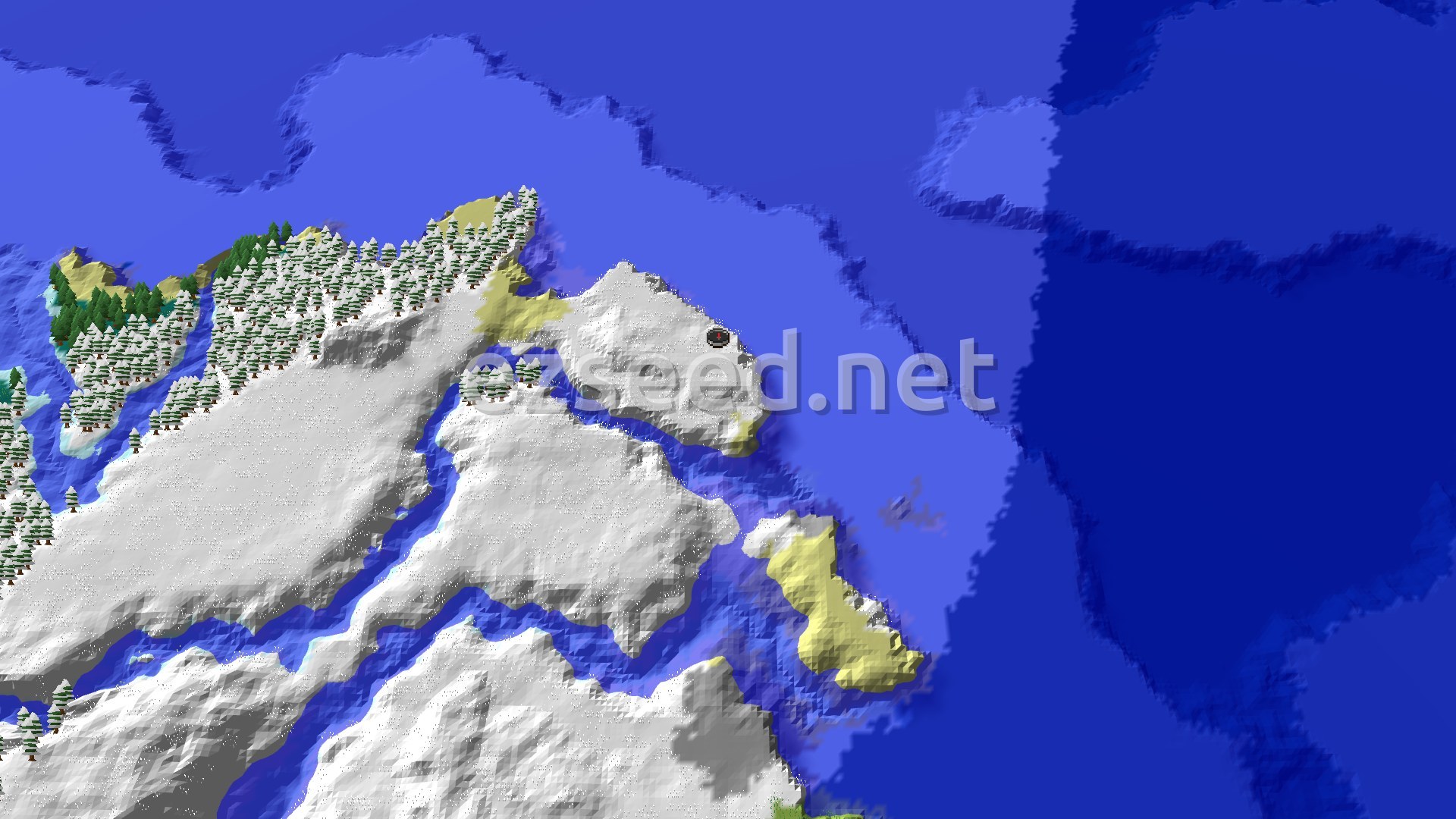 Aerial Minecraft seed map — Spawn in Snowy Plains, Near Frozen Ocean with Peaks