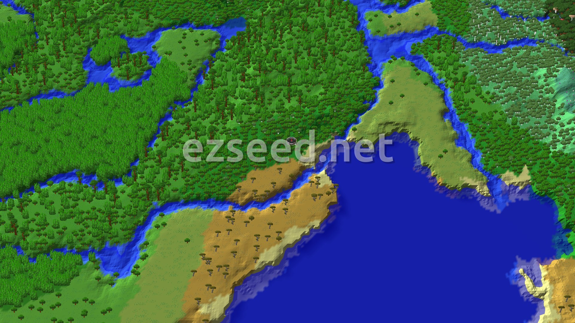 Aerial Minecraft seed map — Jungle and Savanna Near Forest Spawn