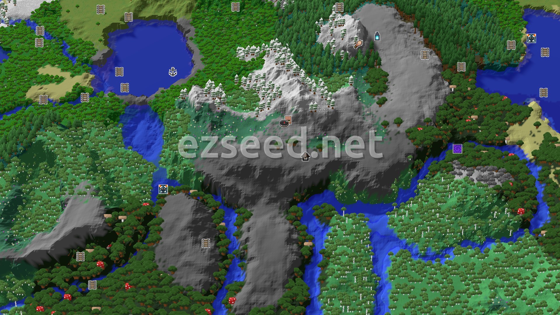 Aerial Minecraft seed map — A Village and Snowy Peaks Close to Spawn