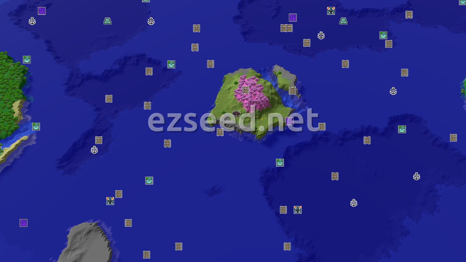 Aerial Minecraft seed map — Island Spawn with a Close Cherry Grove