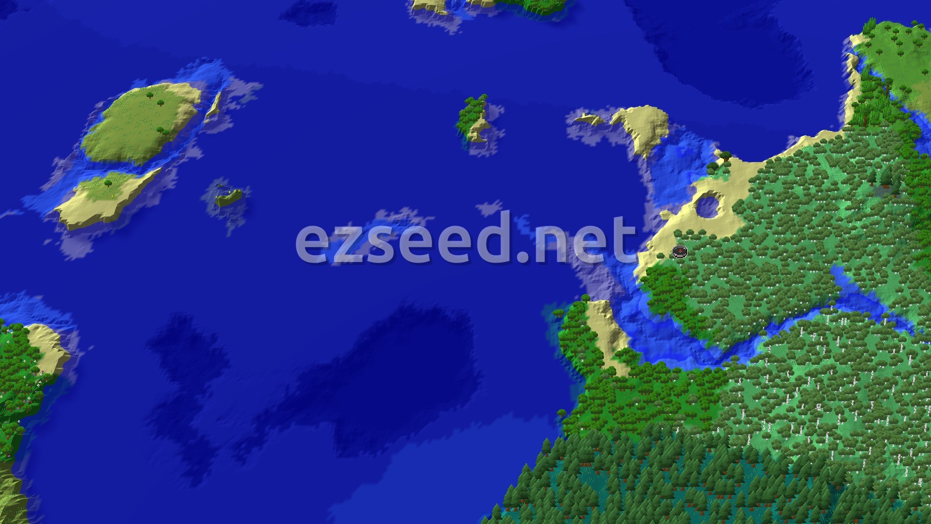A 3D overhead view of a diverse landscape featuring a large forest with birch trees, sandy beaches, and winding rivers flowing into a vast ocean dotted with small islands.