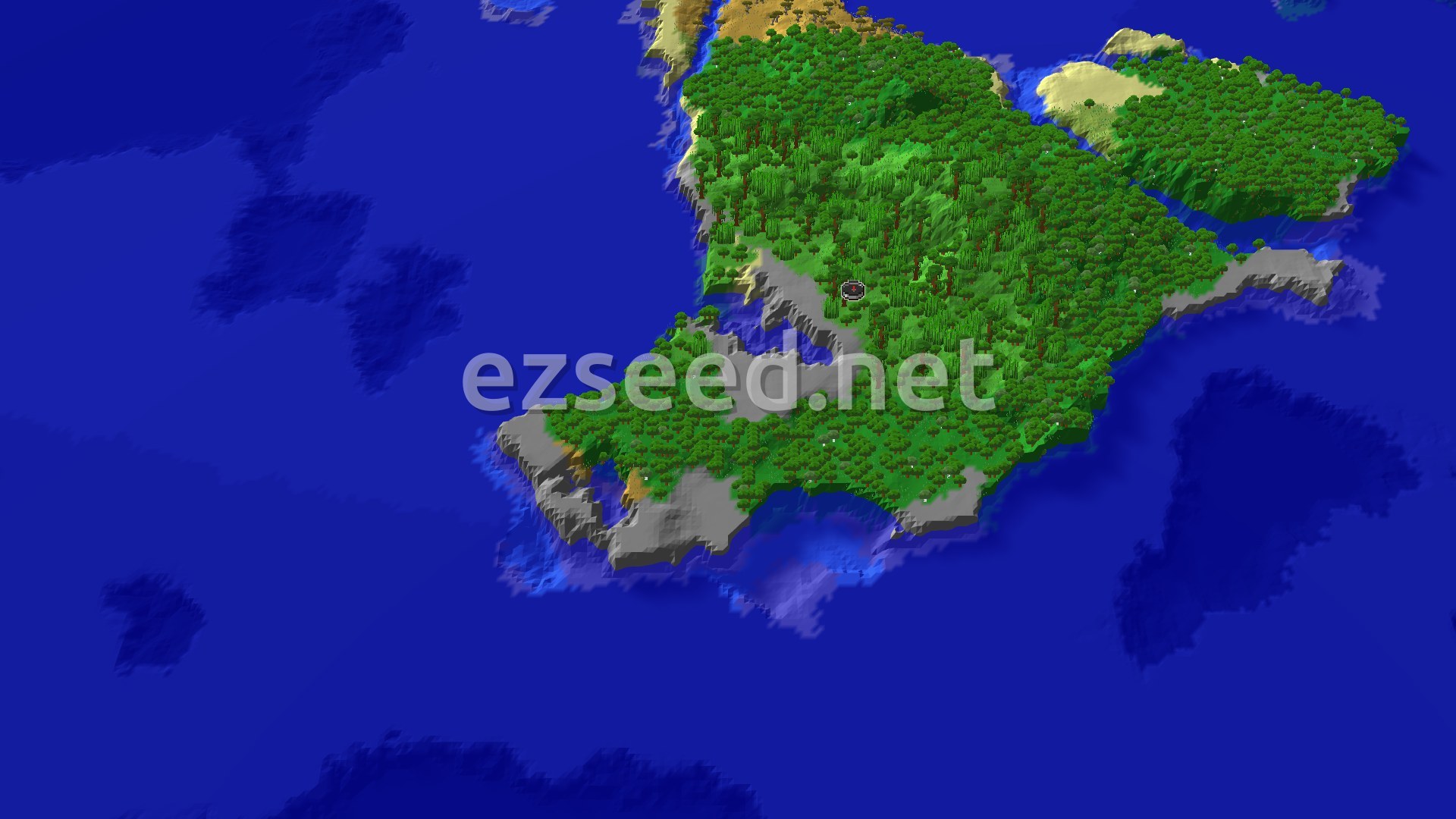 Aerial Minecraft seed map — A Jungle Island Start with Close Underground Loot