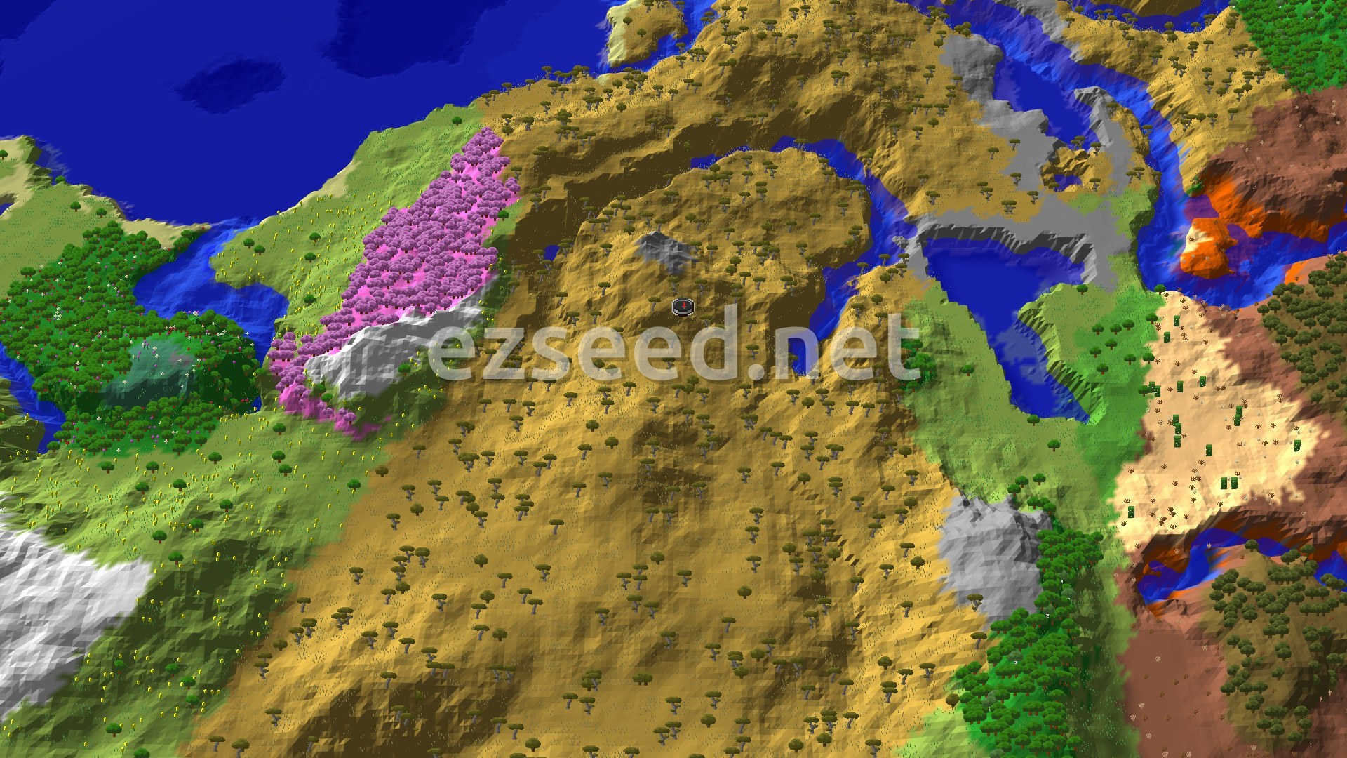 Aerial Minecraft seed map — Savanna Spawn with a Close Ancient City