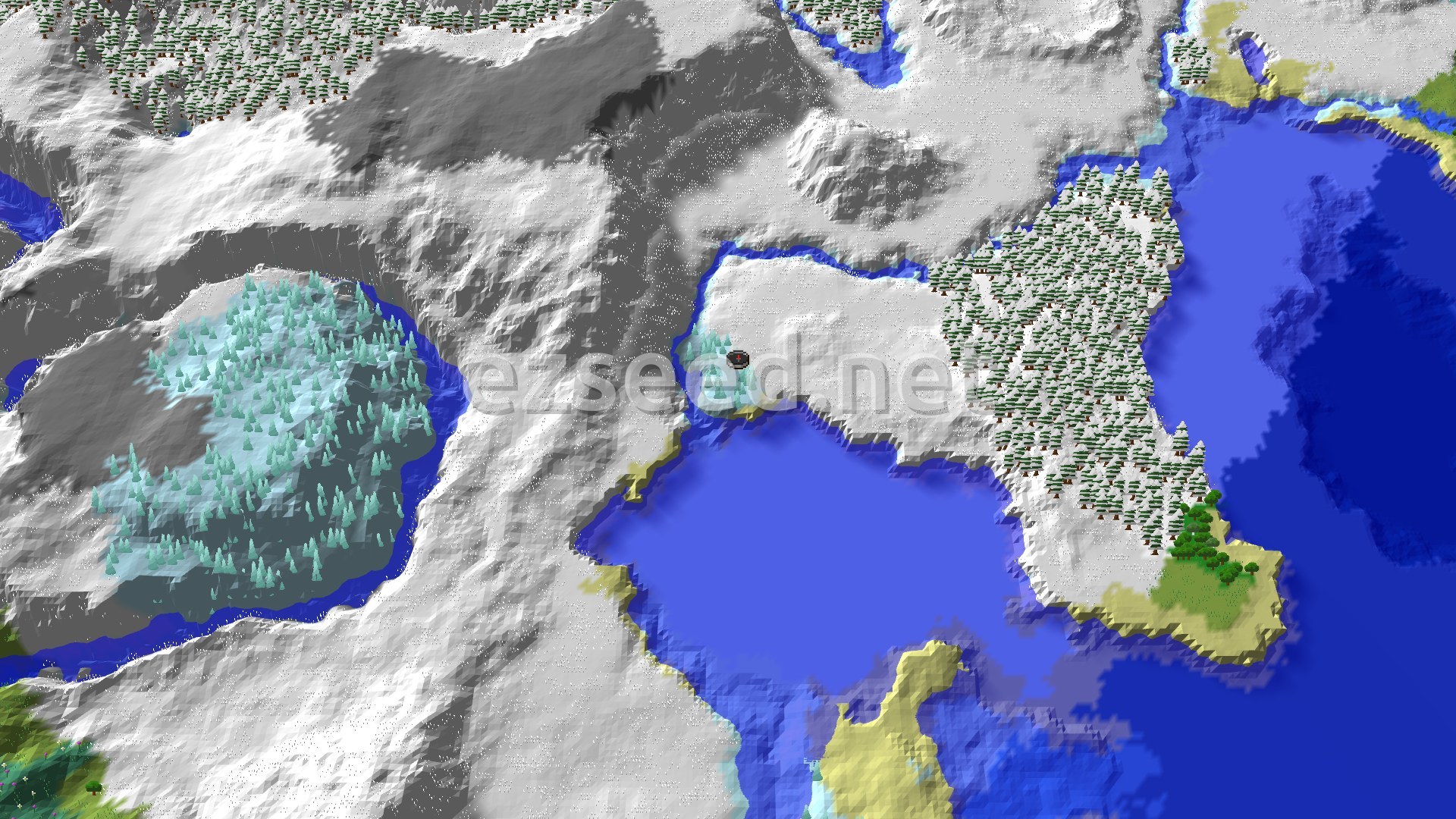 Aerial Minecraft seed map — Ice Spikes Spawn with Nearby Trials and Ancient City