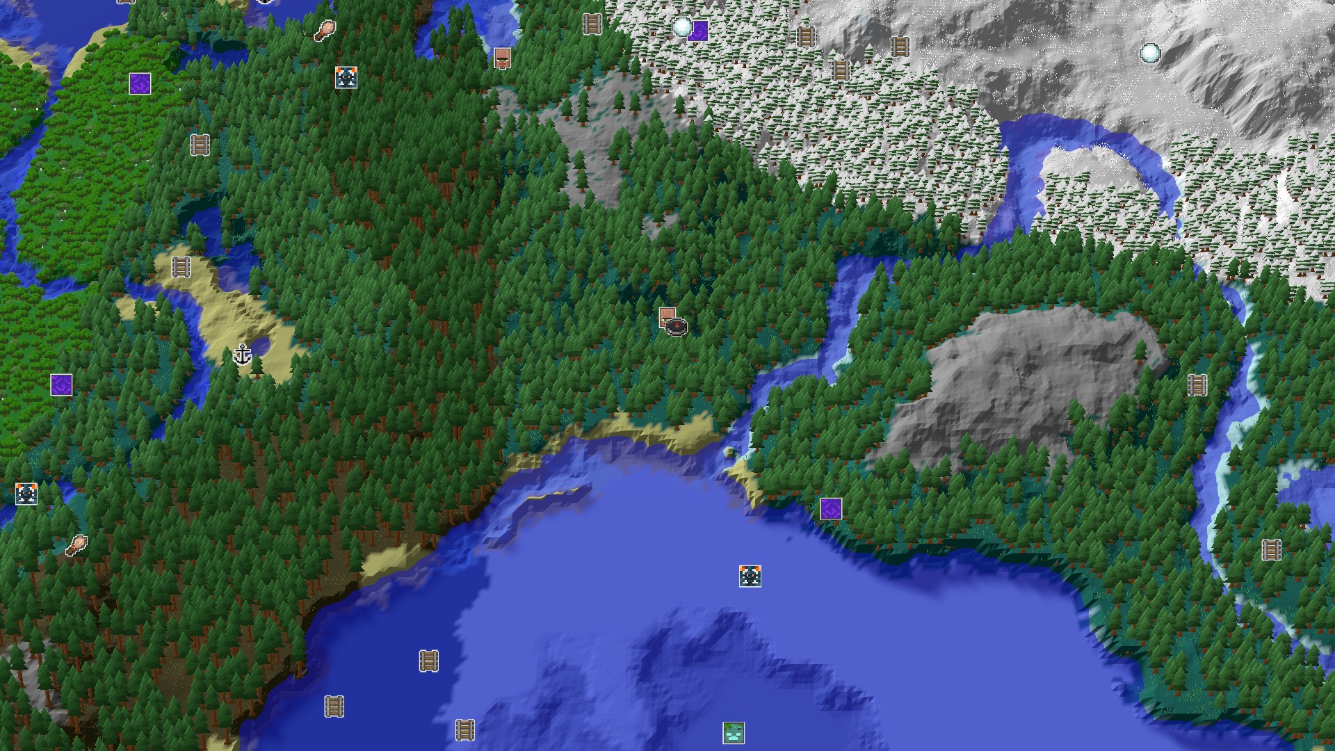Aerial Minecraft seed map — A Taiga Spawn with an Immediate Village