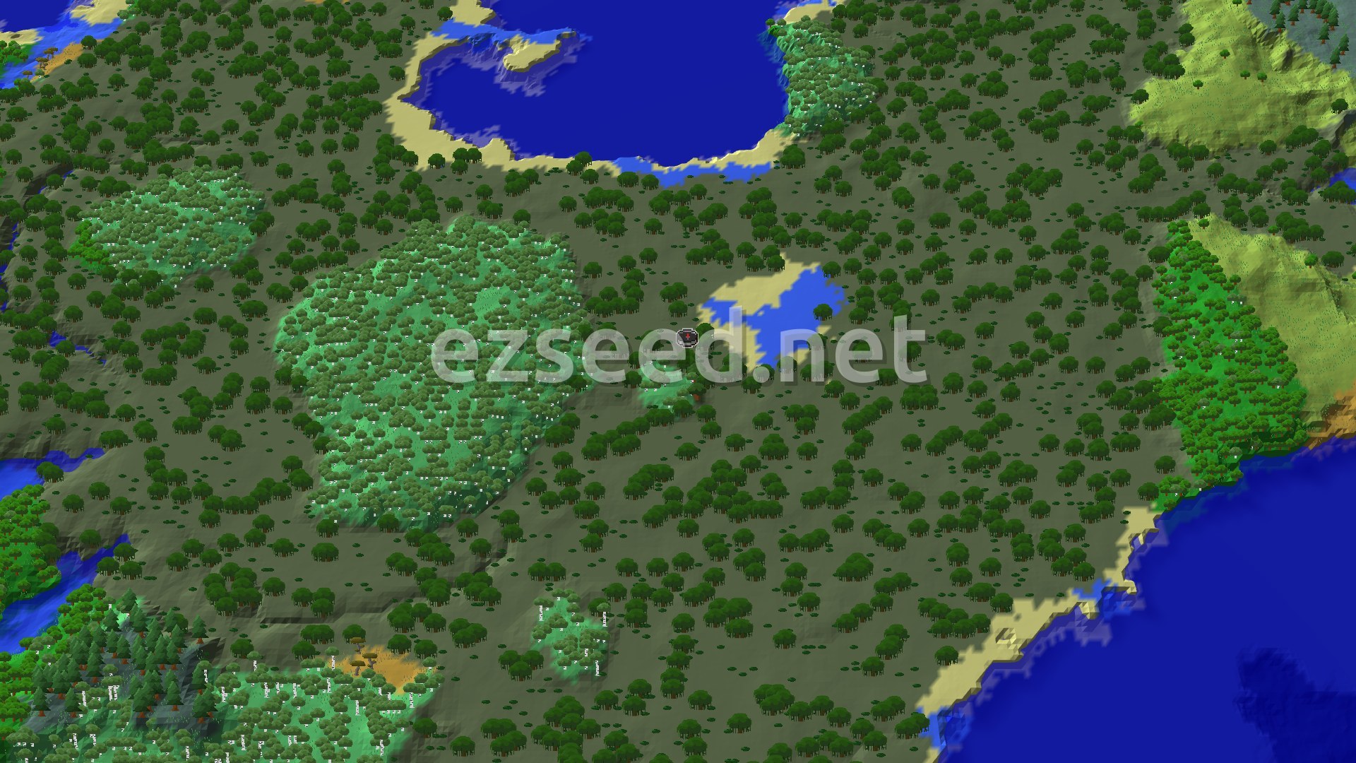 An overhead view of a swampy, forested landscape with scattered bodies of water and some sandy beaches.