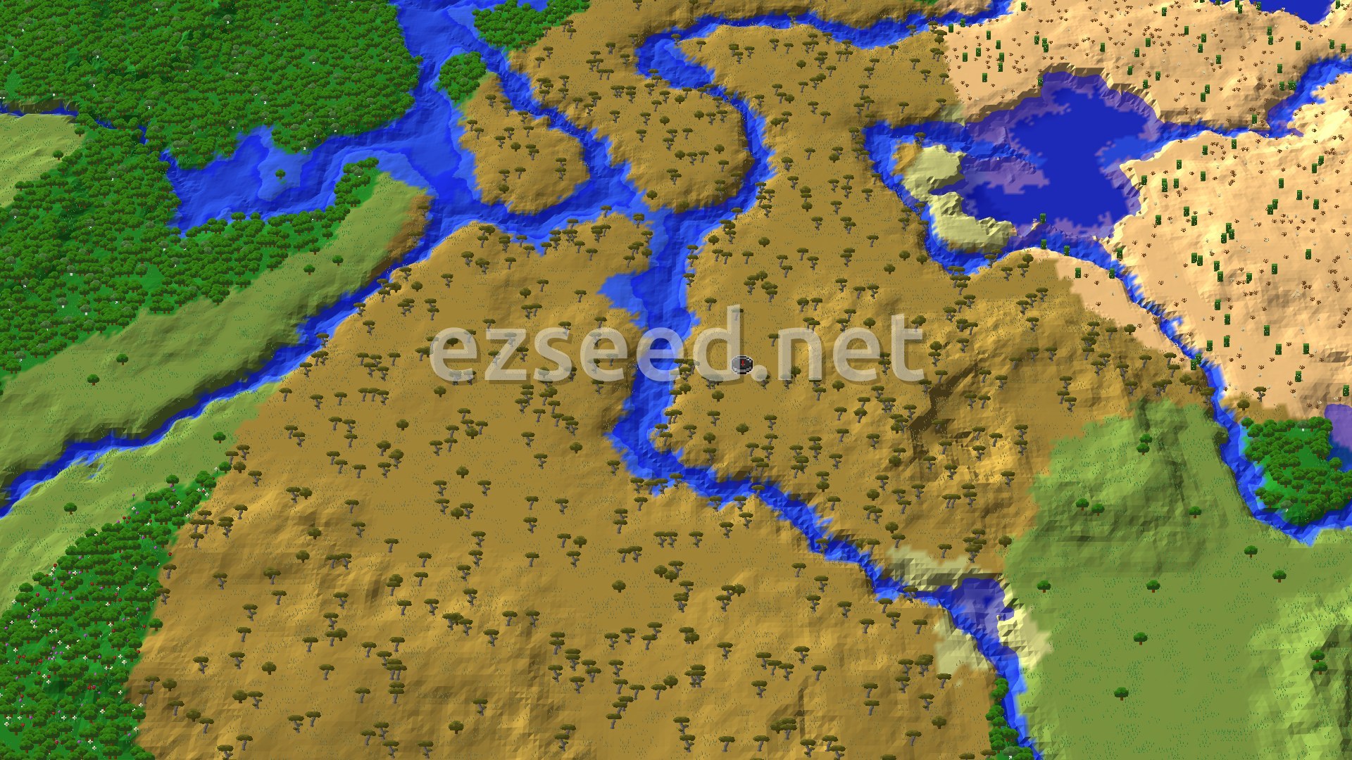Aerial Minecraft seed map — Savanna Spawn with a Blacksmith Village Nearby
