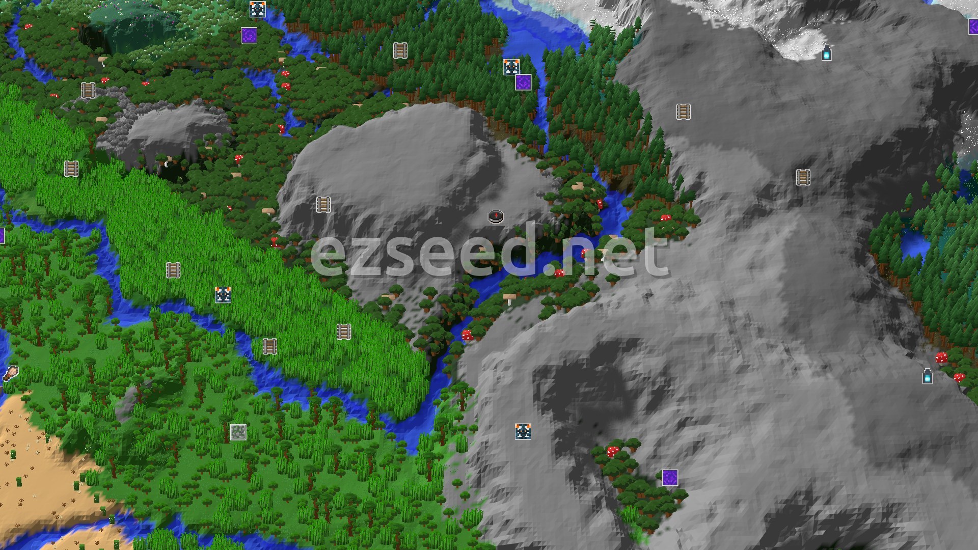 Aerial Minecraft seed map — Dark Forest Spawn with a Nearby Pale Garden