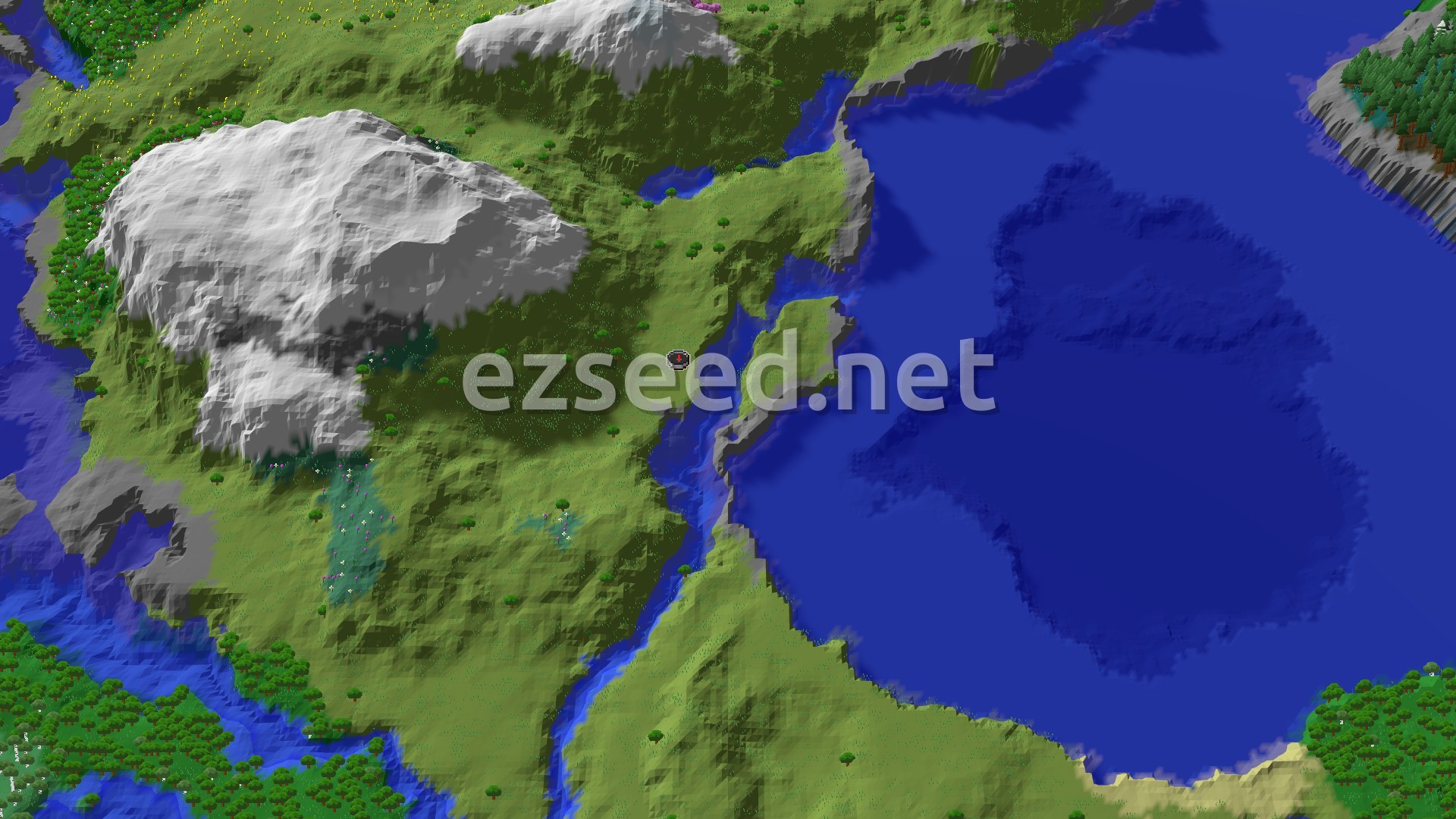 Aerial Minecraft seed map — A Village Start with Nearby Mineshaft and Peaks