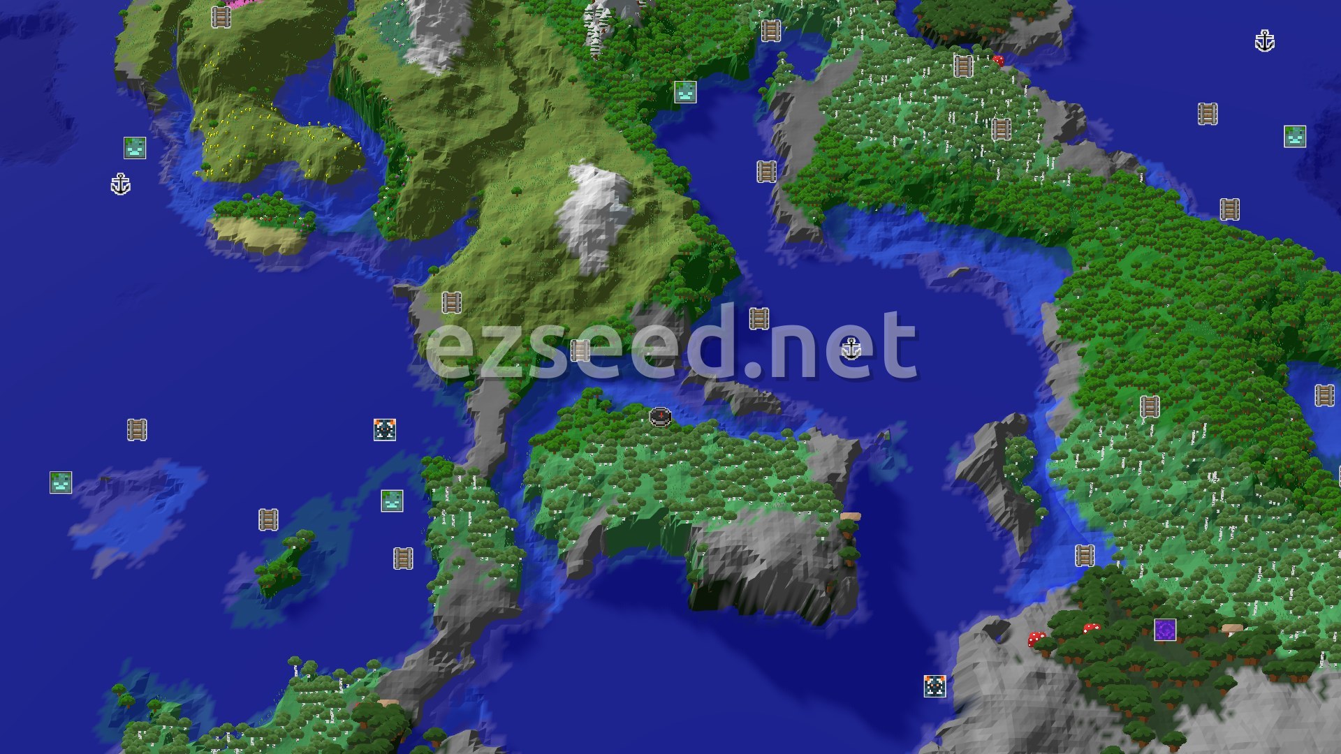 Aerial Minecraft seed map — Spawn in Birch Forest with Peaks and Ancient City Nearby