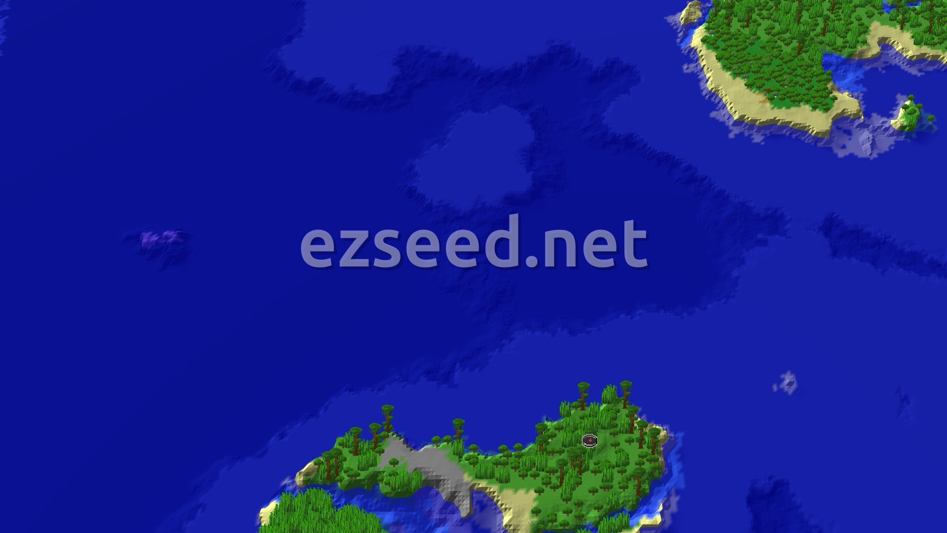 A 3D fly-over of a jungle island surrounded by ocean, with a small spawn marker in the center.